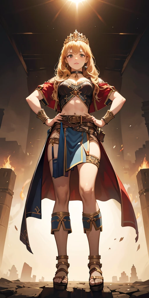 full body, whole body. 1solo (girl). loincloth standing, hands on hips full body (hands on hips), metal sandals, choker, big belt, view from below, feet together, bracers, tiara
