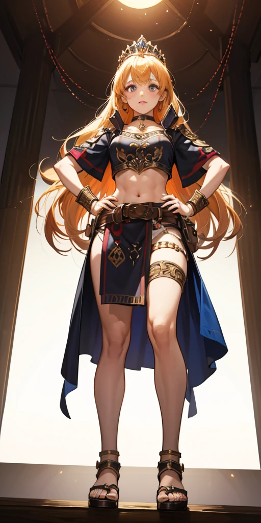 full body, whole body. 1solo (girl). loincloth standing, hands on hips full body (hands on hips), metal sandals, choker, big belt, view from below, feet together, bracers, tiara