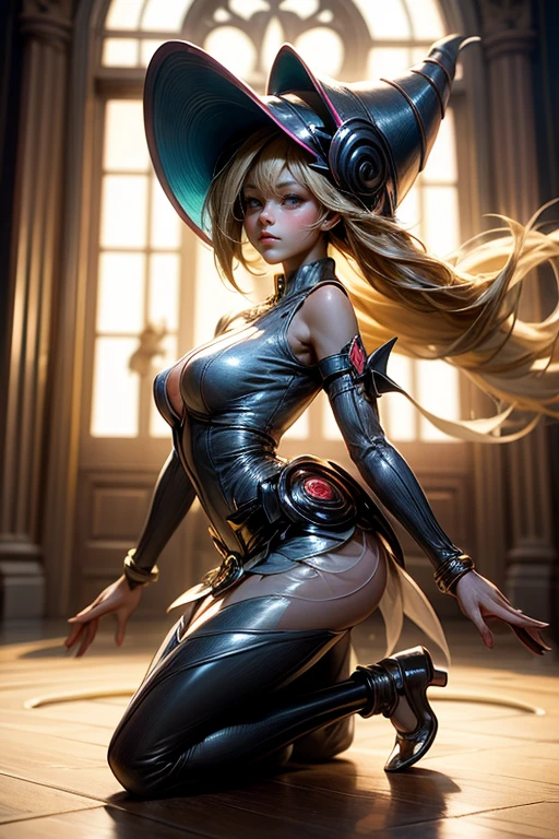 (obra maestra:1.2), (La mejor calidad:1.2), perfect lighting, Chica Maga Oscura lanzando un hechizo, en batalla. flotando en el aire, tetas medianas visibles, escote transparente, bata azul, sombrero grande, desde arriba, Destellos, Yugioh juego, The magic of the heart. LIGHTS OF THE HEART, Romantic heart. Ella usa tacones dorados. En tacones. Tacones