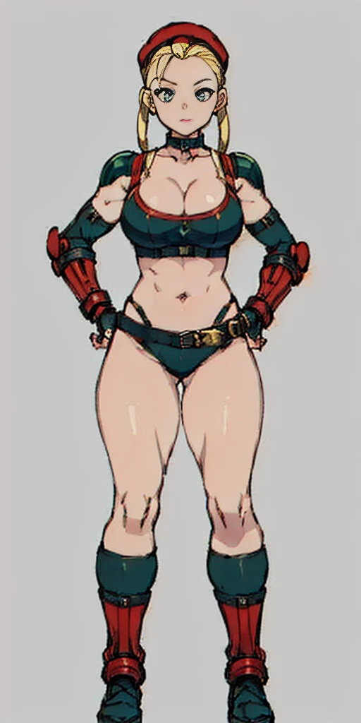 ((Plain background 1:2)) (Cammy White Street Fighter 6) Female full body standing straight symmetrical looking to the viewer RED full body armored (handcuffs, shackles, rerebrace, faulds, poleyn, gauntlets, leather collar choker) big belt under belly button, navel, belt over belly button ((hands on hips))