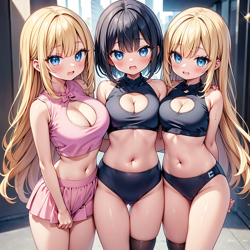 ((Highest quality, 8K, masterpiece:1.3)),Three Women、3girls、 sharp:1.2, Beautiful woman with perfect figure:1.4, Slim Abs:1.2, ((Layered Hairstyles, Huge boobs:1.5)),，Highly detailed face and skin texture，Detailed eyes，double eyelid、Blonde、Bobcut、Bob Hair、Pale blue eyes、Brown Hair、ponytail、Black Hair、Hair with a loose perm、Iris、Brown eyes、Gal、Private Server、university student、University campus、uniform