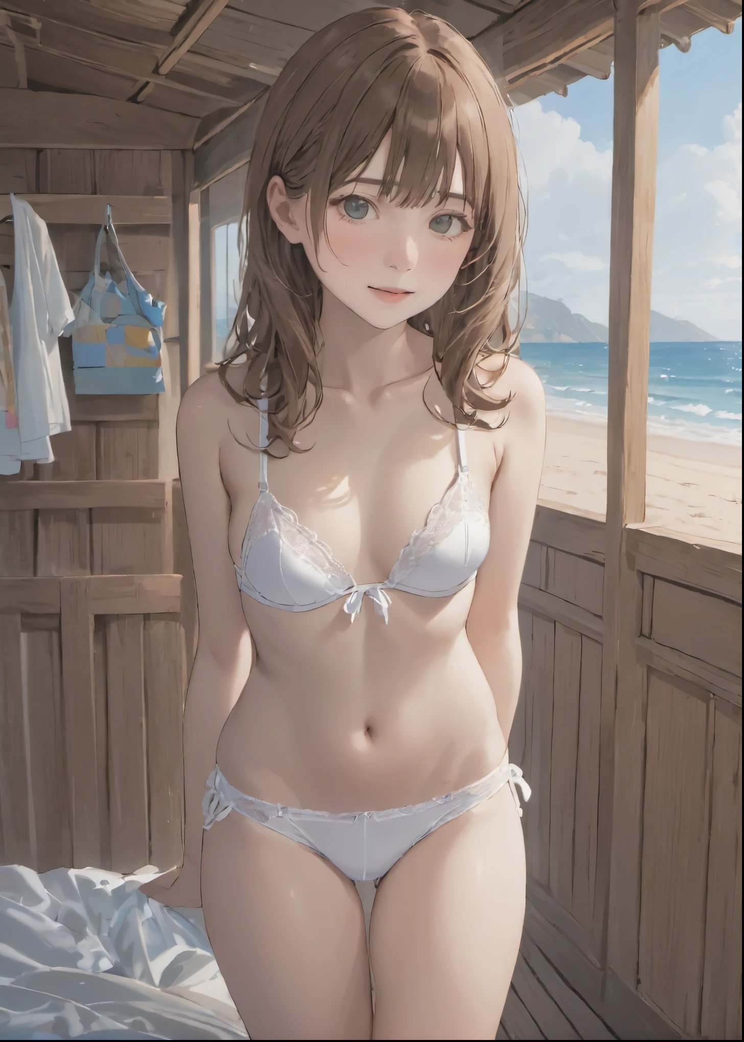 ((photorealistic background:1.5)),((Gravure idol pose)), (Small breasts:1.1), At the beach house, cute, , Kindereners, 5 heads, , (masterpiece, highest quality, 4K:1.2), ((One girl;1.3)), ((alone:1.0)), Beauty, cute, ((Sexy white underwear:1.3)), ((Thin panties:1.3)) 