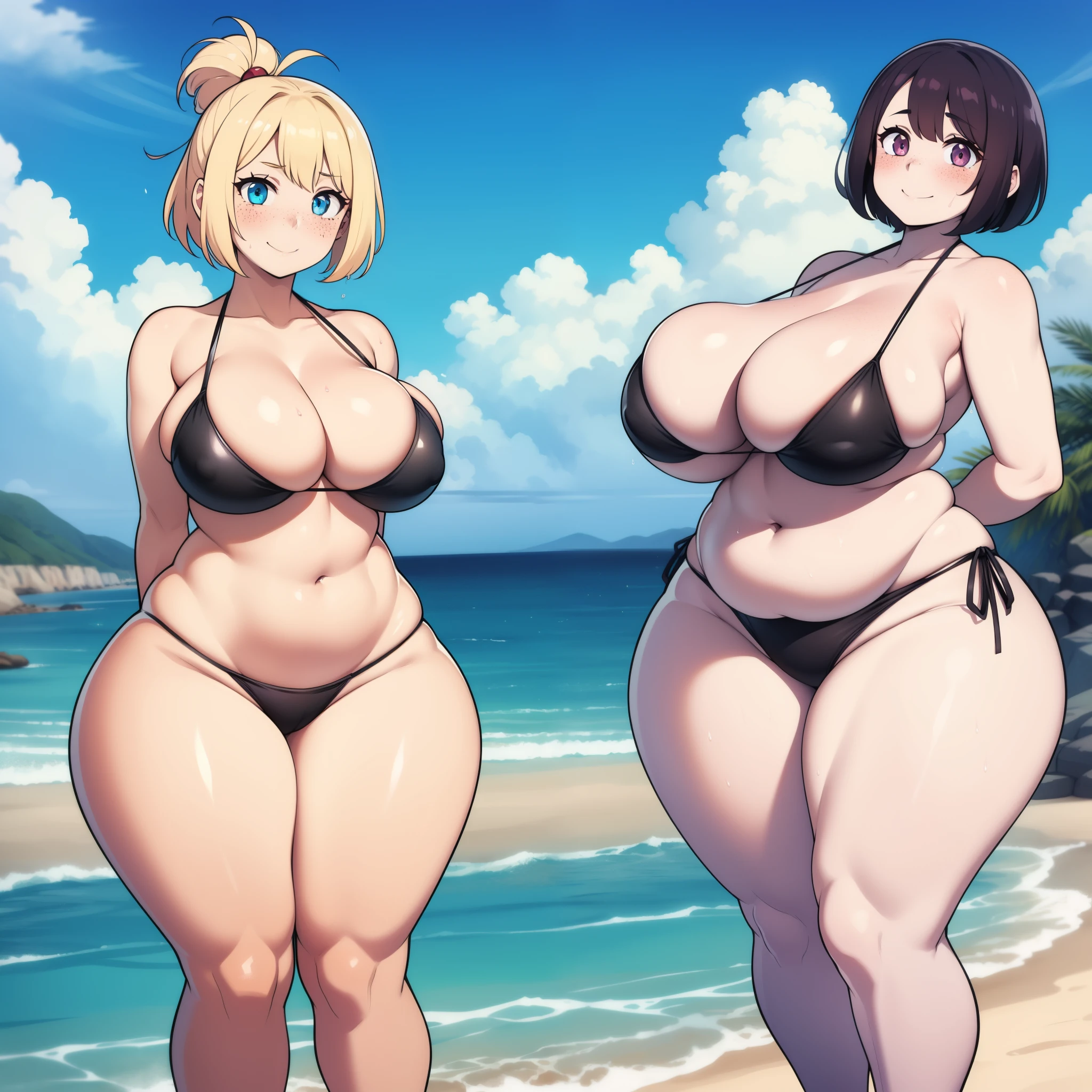 ((highres)), Masterpiece, high quality, best quality, beautiful, perfect lighting, detailed face, ultra cute face, ((2girls)), short fluffy hair, freckles, pale skin, ((blush)), sweet smile, looking at viewer, arms behind back, standing on a beach, (beach), wet, daytime, side tie bikini, (((thick thighs))), ((wide hips)), cleavage, medium breast, chubby, 20 year old female,