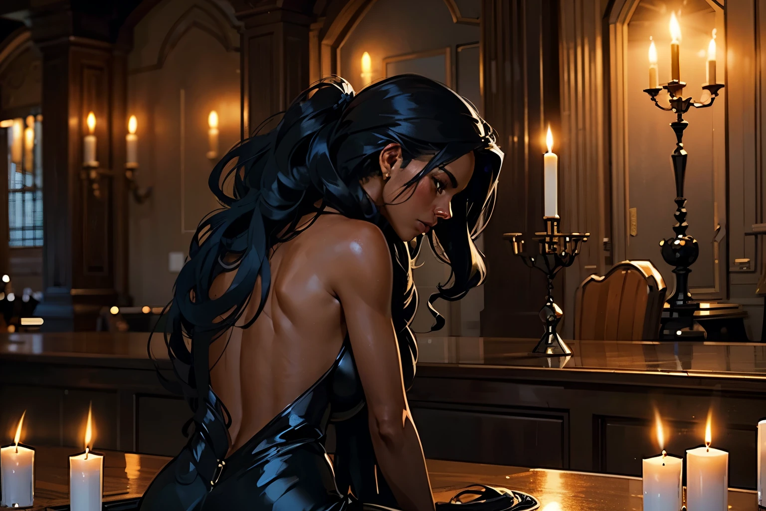 A tanned woman crouching in front of a table, shiny skin, long wavy black hair, back view, black dress with bare back, face in profile, several candles in the decor