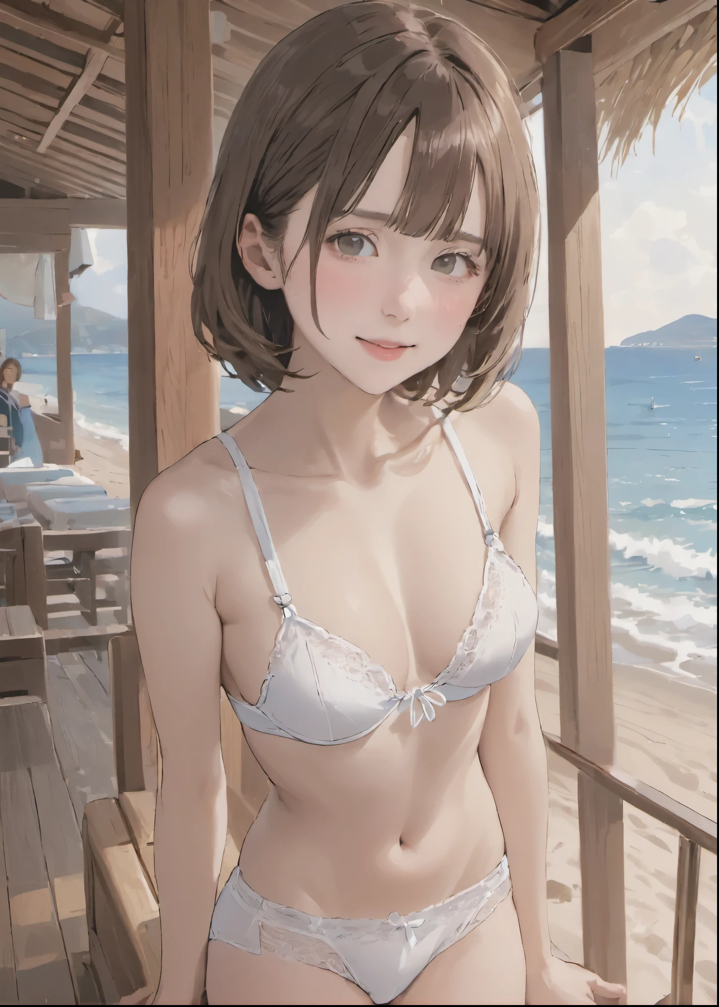 ((photorealistic background:1.5)),((Gravure idol pose)), (Small breasts:1.1), At the beach house, cute, Little, Kindergarteners, 5 heads, , (masterpiece, highest quality, 4K:1.2), ((One girl;1.3)), ((alone:1.0)), Beauty, cute, ((Sexy white underwear:1.3)), ((Thin panties:1.3)) 