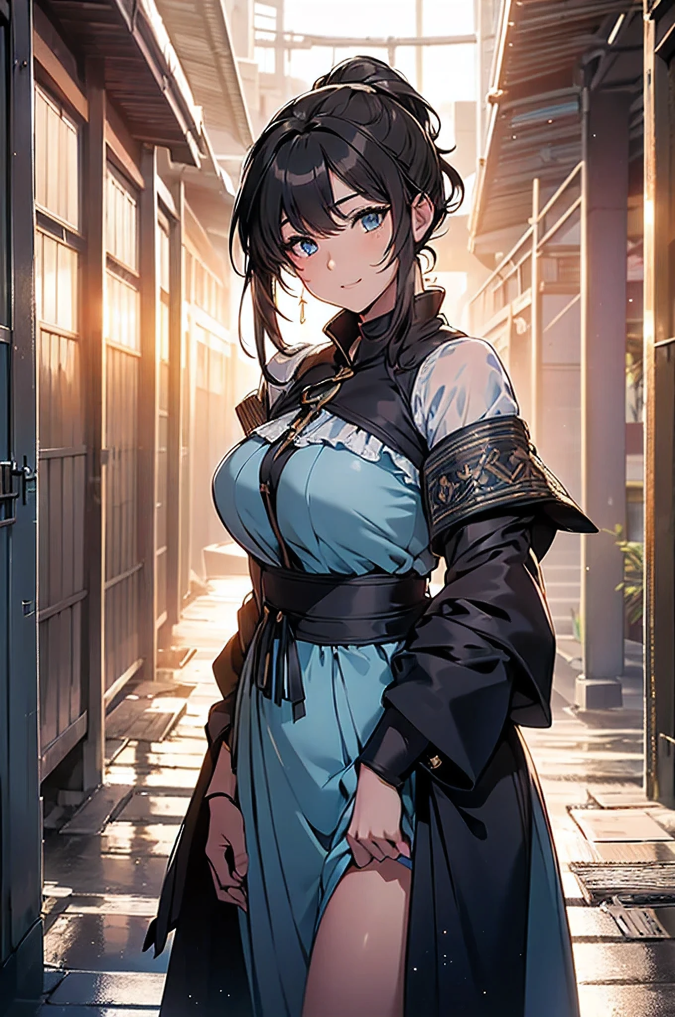 Black-haired girl, braided hair styles, Short hair, very special hair style, fascinating hair style, Elegant hair, captivating blue eyes, fascinating face, Exhausted face, Ahegao, a charming smile, white eyelashes, in the classroom, Single, holding a sword in his right hand, The background is oriental style, holding a sword in his right hand, armor dress, Five fingers