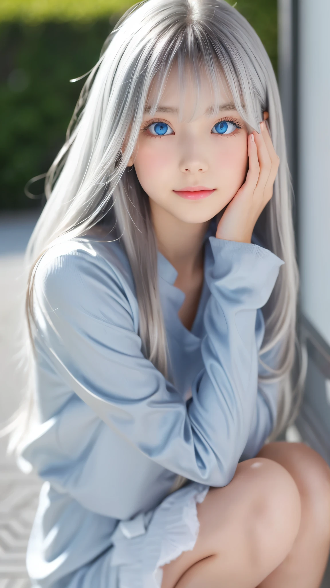 Shining, clear, white skin、Her windblown silver hair hides her beautiful face.、huge、28 years old cute sexy little beautiful face、Beautiful straight hair that stands out、growing up, Sparkling light blue eyes、long silky bangs that cover cute eyes, Sexy and cute young woman with super long hair hiding her sexy face、Shining silver hair