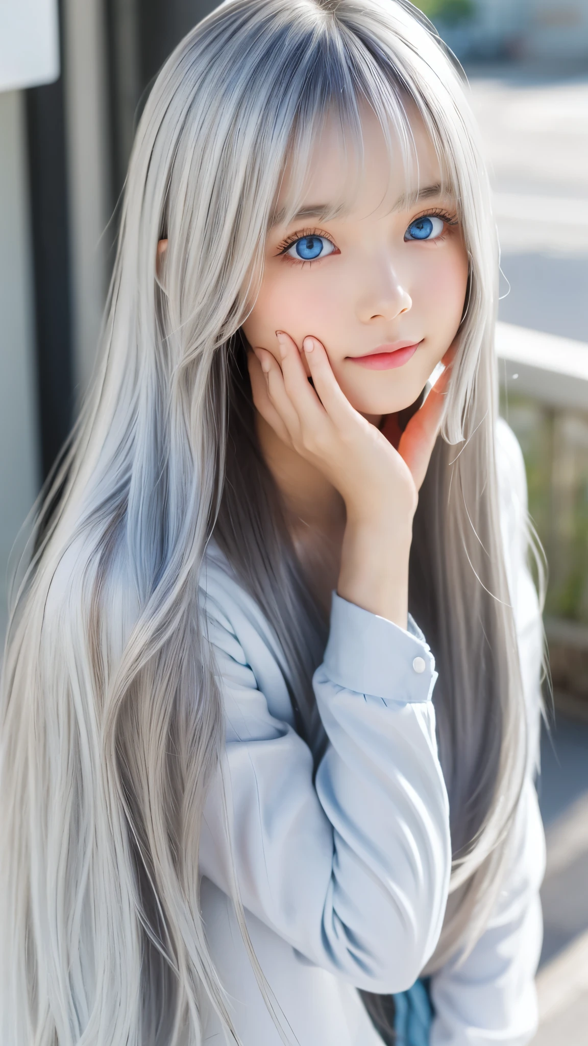 Shining, clear, white skin、Her windblown silver hair hides her beautiful face.、huge、28 years old cute sexy little beautiful face、Beautiful straight hair that stands out、growing up, Sparkling light blue eyes、long silky bangs that cover cute eyes, Sexy and cute young woman with super long hair hiding her sexy face、Shining silver hair