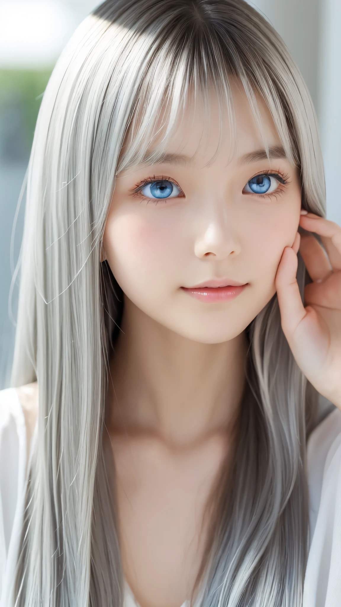Shining, clear, white skin、Her windblown silver hair hides her beautiful face.、huge、28 years old cute sexy little beautiful face、Beautiful straight hair that stands out、growing up, Sparkling light blue eyes、long silky bangs that cover cute eyes, Sexy and cute young woman with super long hair hiding her sexy face、Shining silver hair