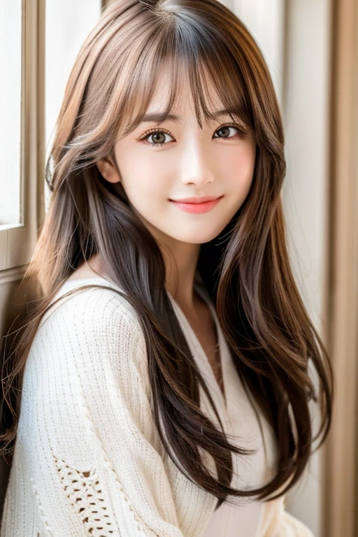 masutepiece, Best Quality, Illustration, Ultra-detailed, finely detail, hight resolution, 8K Wallpaper, Perfect dynamic composition, Beautiful detailed eyes, Trendy Women's Winter Fashion,poneyTail,small tits,Natural Color Lip,Smile,luxury home bedroom、20 years girl、Cute、is looking at the camera