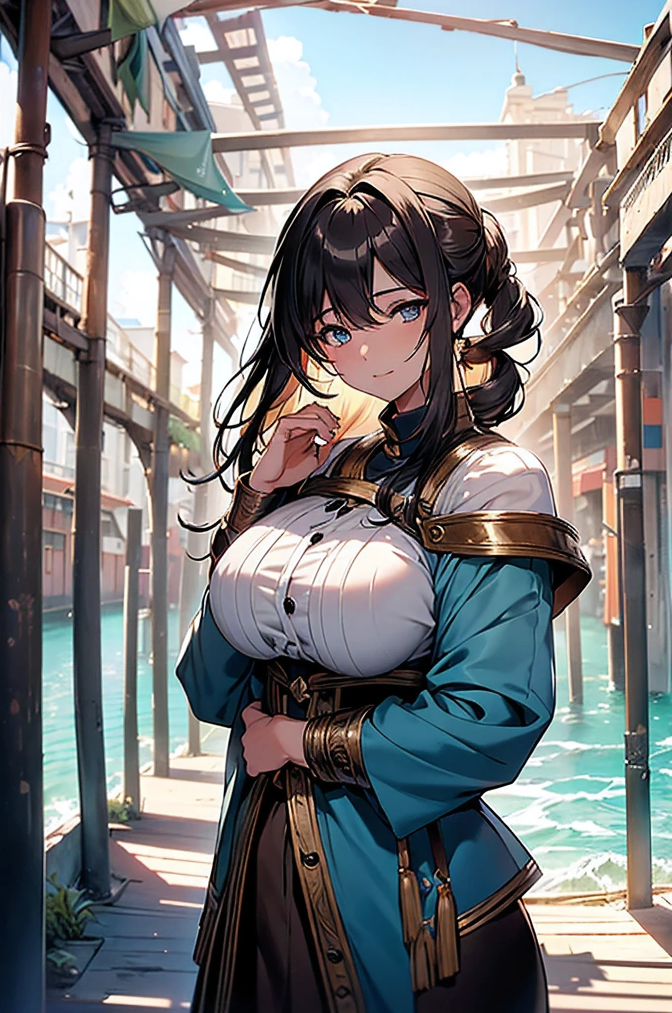 (8k, RAW foto, mejor calidad, (Obra maestra, super high quality, super detailed), anime style paisaje, (((colores Aleatorios de cabello))), chica joven, Absoluto, velas escarlatas, girl looking at the sea from the coast, camera looking at the sea, detalles intrincados, sailing ship with velas escarlatas, Una escena de una novela de Alexander Greene. "velas escarlatas" A beautiful women posing for a photograph in an alley, brown ponytail, golpes, risa feliz, blue eyes, Cuerpo magro musculoso, perfect anatomy, Looking to the camera, Time of the day, cielo azul, estilo animado, al aire libre, tendencia en artstation, Oh!, sakimichan muy sensual, con ropa original cuerpo entero, muy realista, extremadamente realista, extremadamente sexy, 8k, 8k extremadamente detallado), (un extremadamente delicado y hermoso), (obra maestra), (mejor calidad: 1.0), (ultra high resolution:1.0)