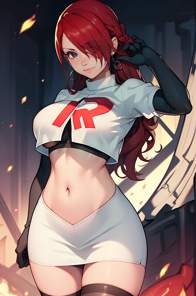 Persona3Mitsuru, red hair, hair over one eye ,glossy lips , Team rocket, team rocket uniform, red letter R, white skirt,white crop top,black thigh-high boots, black elbow gloves, evil smile, earrings, large breasts