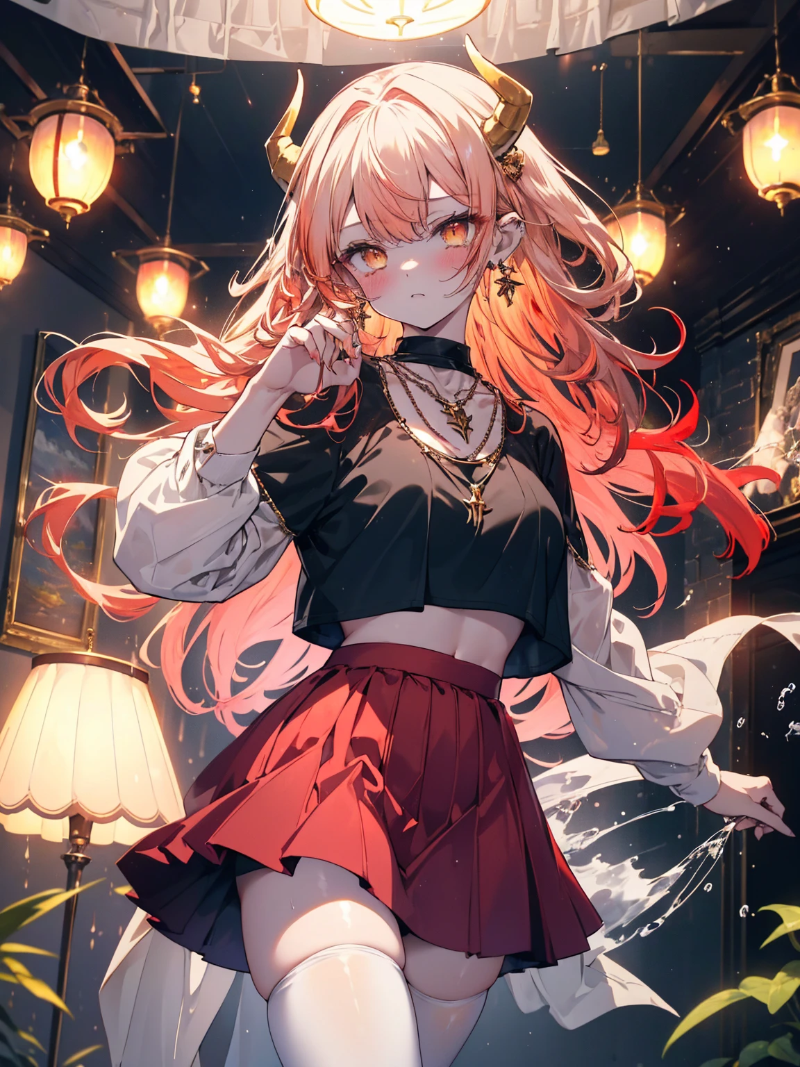 (masterpiece, depth of field, dynamic pose), (full face), Dragon girl, blush, white big horns, (thighs), skinny, pale skin, tears, gradient yellow eyes, (red curly hair), long hair, break, crop top, neckline, necklace, skirt, thighhighs, earrings, break, (scenery, indoors, cave, lampshades, water),