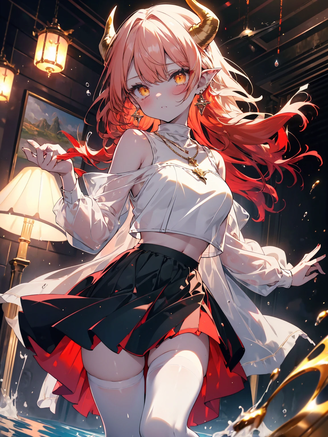 (masterpiece, depth of field, dynamic pose), (full face), Dragon girl, blush, white big horns, (thighs), skinny, pale skin, tears, gradient yellow eyes, (red curly hair), long hair, break, crop top, neckline, necklace, skirt, thighhighs, earrings, break, (scenery, indoors, cave, lampshades, water),