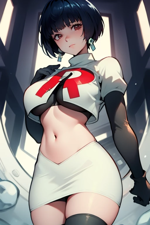 Tae Takemi, Team rocket, team rocket uniform, red letter R, white skirt,white crop top,black thigh-high boots, black elbow gloves, evil smile, earrings, large breasts