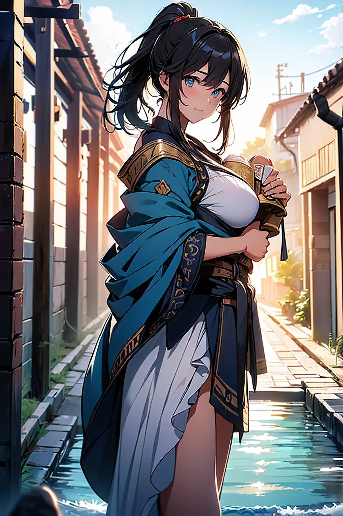 (8k, RAW foto, mejor calidad, (Obra maestra, super high quality, super detailed), anime style paisaje, (((colores Aleatorios de cabello))), chica joven, Absoluto, velas escarlatas, girl looking at the sea from the coast, camera looking at the sea, detalles intrincados, sailing ship with velas escarlatas, Una escena de una novela de Alexander Greene. "velas escarlatas" A beautiful women posing for a photograph in an alley, brown ponytail, golpes, risa feliz, blue eyes, Cuerpo magro musculoso, perfect anatomy, Looking to the camera, Time of the day, cielo azul, estilo animado, al aire libre, tendencia en artstation, Oh!, sakimichan muy sensual, con ropa original cuerpo entero, muy realista, extremadamente realista, extremadamente sexy, 8k, 8k extremadamente detallado), (un extremadamente delicado y hermoso), (obra maestra), (mejor calidad: 1.0), (ultra high resolution:1.0)