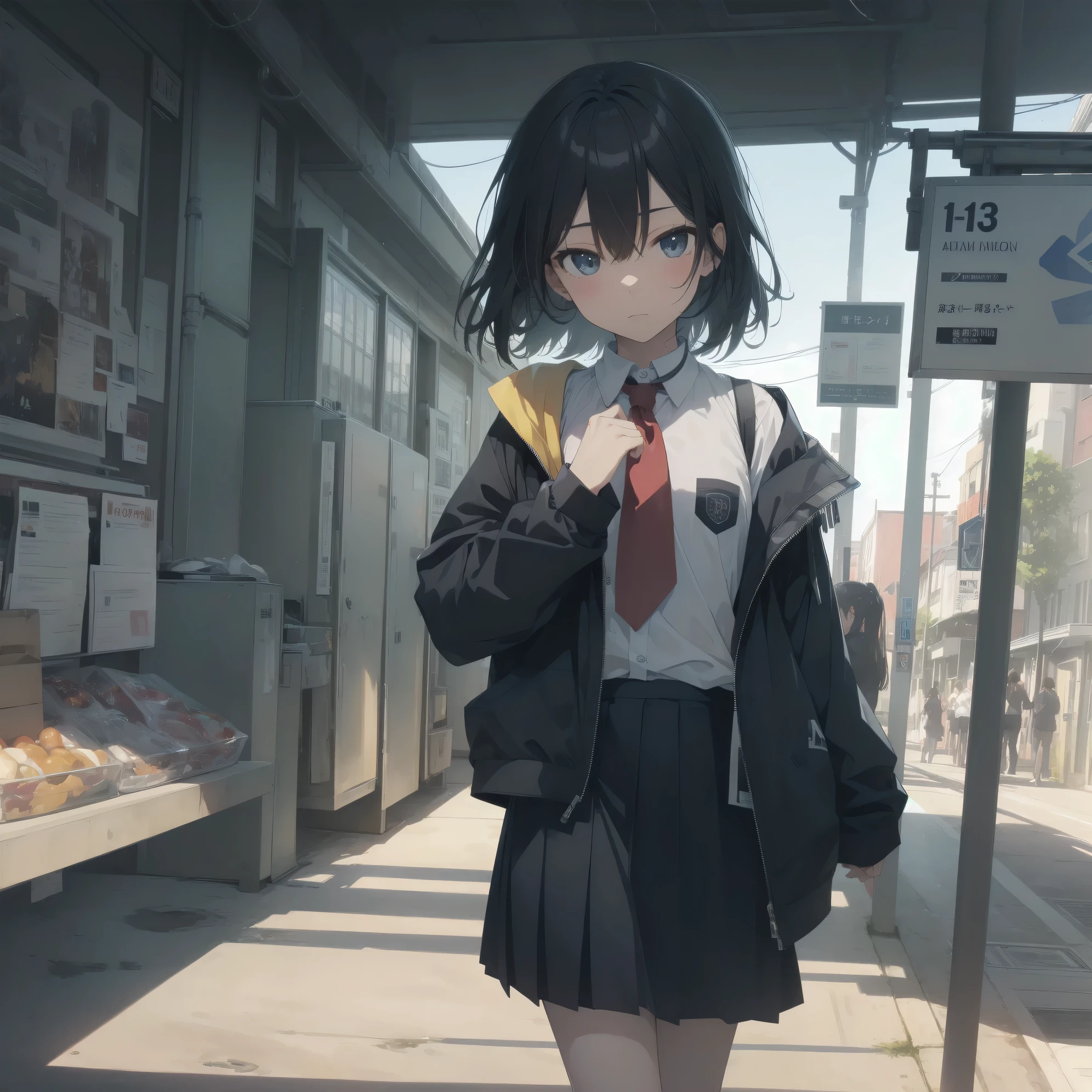 ultra-absurdres-Top quality by artist God, ultra-detailed, high resolution, anime moe artstyle, best anime 8k konachan wallpaper, pixiv contest winner,pool:2810, perfect anatomy,break, 1girl, (Please draw a girl walking sleepily to school alone. )break,(Solo,little female, 13-year-old:1.3),Full limbs, complete fingers,a junior high school student, (very short hair), short cut, flat chest, , small butt, small black eyes, beautiful detailed eyes, well-proportioned iris and pupils, expressive eyes, highres detailed hair, soft expression, school_uniform, official_alternate_costume, neckerchief, collared shirt. pleated skirt,(Detailed Lighting), (Detailed background), in the School commute route. break,super detailed skin, Best cinematic lighting powered by famous artist, 8k,beauty illustration,photoshop_(medium),very aesthetic,break,((artist:modare )), artist:bolze ,artist:oyari_ashito ,artist:kantoku ,