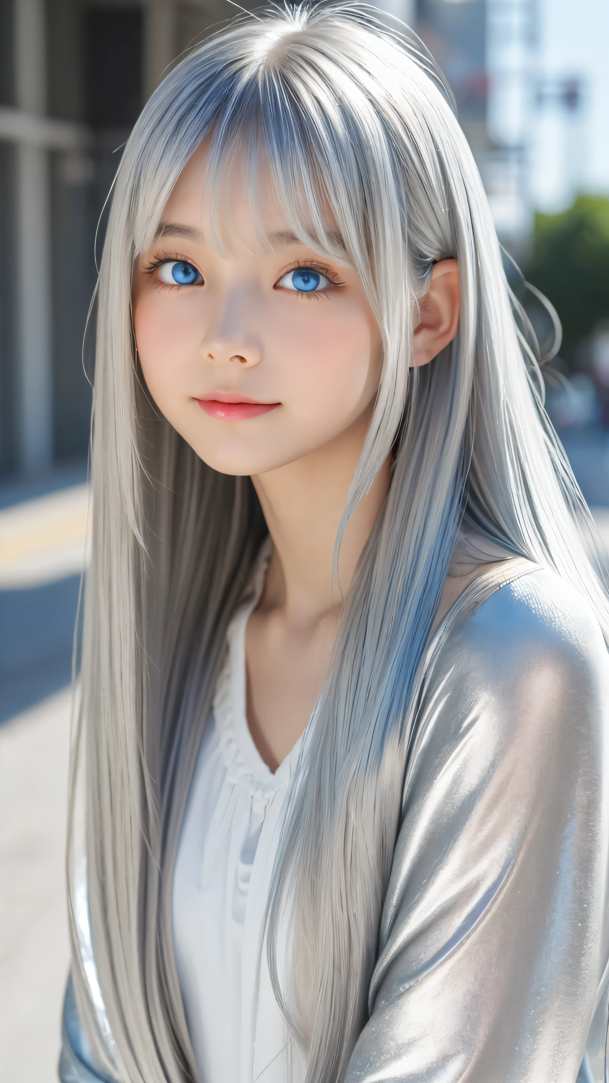 Shining, clear, white skin、Her windblown silver hair hides her beautiful face.、huge、28 years old cute sexy little beautiful face、Beautiful straight hair that stands out、growing up, Sparkling light blue eyes、long silky bangs that cover cute eyes, Sexy and cute young woman with super long hair hiding her sexy face、Shining silver hair