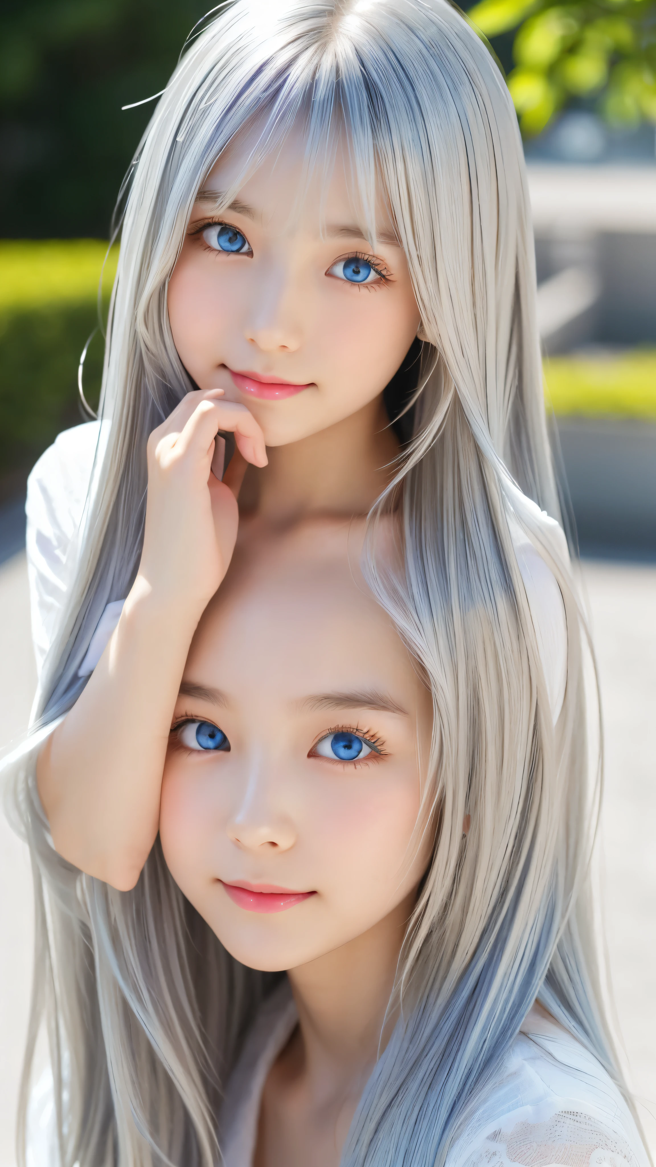 Shining, clear, white skin、Her windblown silver hair hides her beautiful face.、huge、28 years old cute sexy little beautiful face、Beautiful straight hair that stands out、growing up, Sparkling light blue eyes、long silky bangs that cover cute eyes, Sexy and cute young woman with super long hair hiding her sexy face、Shining silver hair