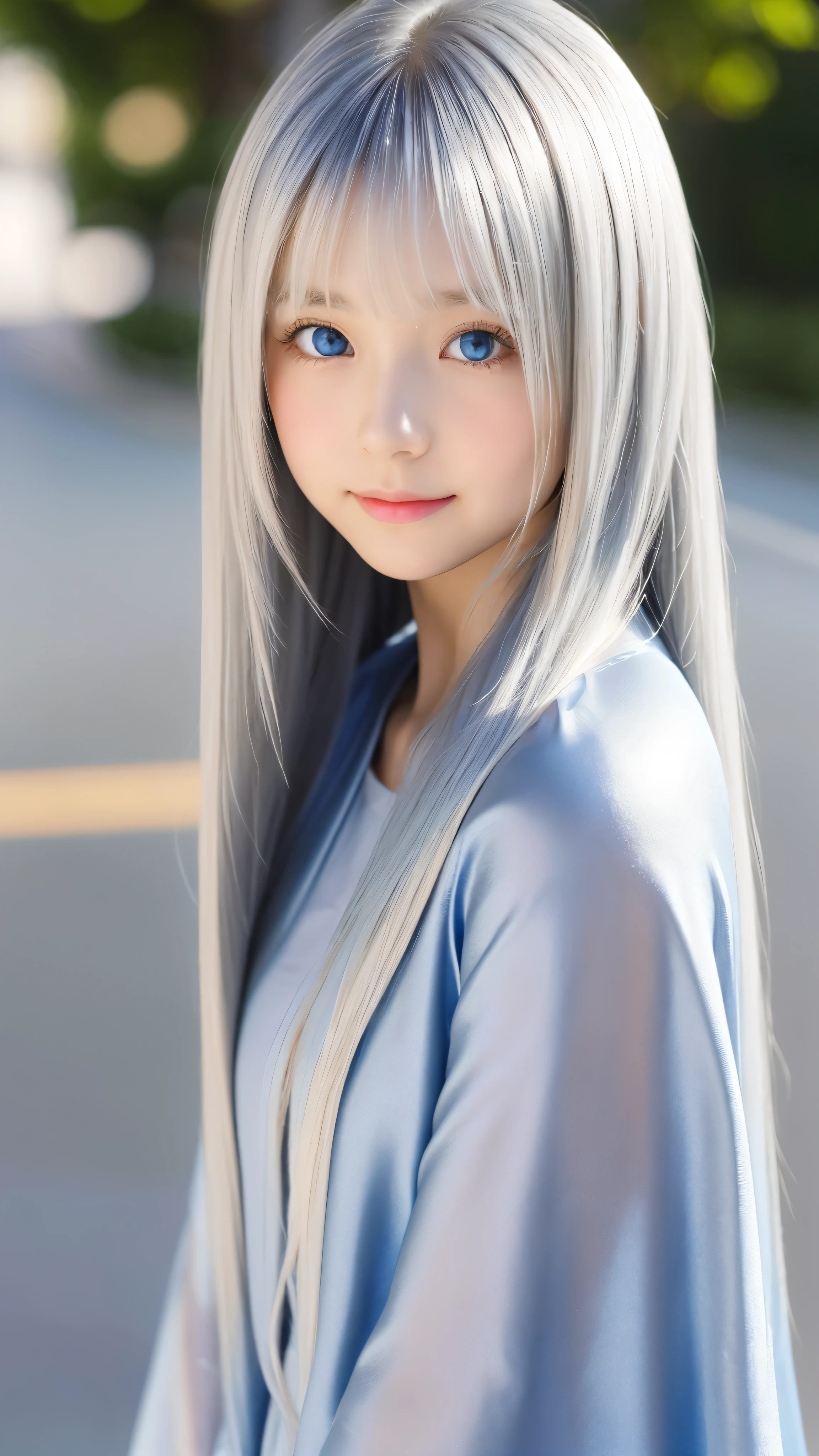 Shining, clear, white skin、Her windblown silver hair hides her beautiful face.、huge、28 years old cute sexy little beautiful face、Beautiful straight hair that stands out、growing up, Sparkling light blue eyes、long silky bangs that cover cute eyes, Sexy and cute young woman with super long hair hiding her sexy face、Shining silver hair