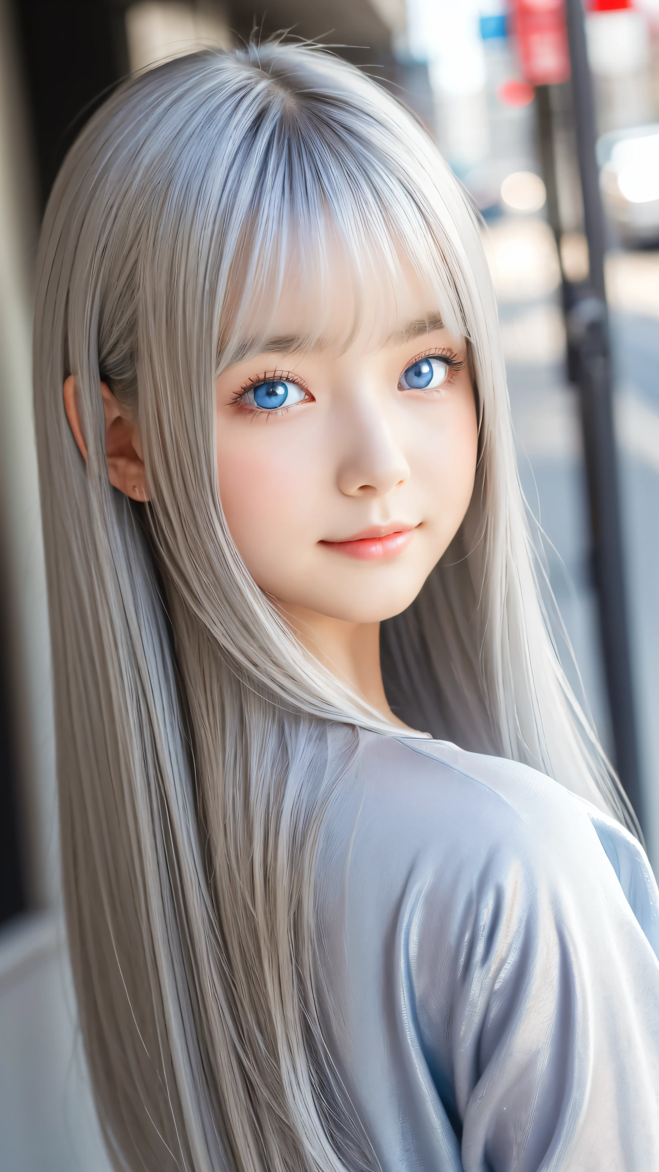 Shining, clear, white skin、Her windblown silver hair hides her beautiful face.、huge、28 years old cute sexy little beautiful face、Beautiful straight hair that stands out、growing up, Sparkling light blue eyes、long silky bangs that cover cute eyes, Sexy and cute young woman with super long hair hiding her sexy face、Shining silver hair