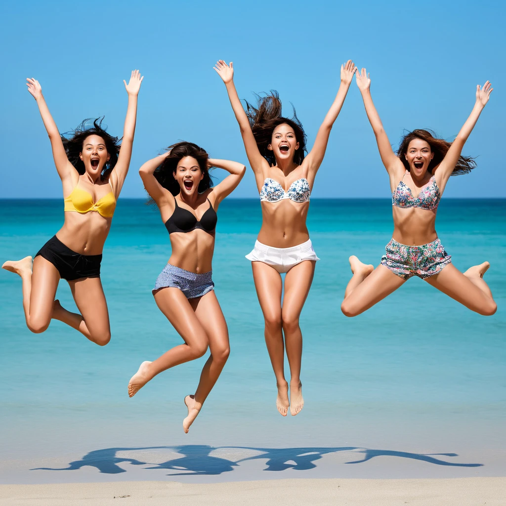 Floating photographs, three woman with jumping pose in the middle of beach. Unimaginable show her bra beneath clothes.