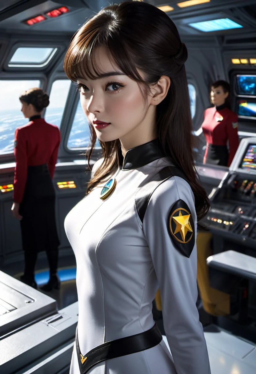 blunt bangs, Futurism, chiaroscuro, cinematic lighting, ray tracing, reflection light, blending, Fujicolor, first-person view, multiple views, dutch angle, wide shot, atmospheric perspective, best quality, highres, 1080P, retina, masterpiece, anatomically correct, textured skin, super detail, three sided view, (((whole person: 1.5))), 28-year old Female starship Enterprise captain stands on the Enterprise bridge and commands her starship crew, in the background large window with another starship firing on the Enterprise, short shiny latex captain uniform dress. overknee Boots belt with weapon, computer consoles, screens, buttons, switches, touch screen, several crew members on the bridge, ((Starship Enterprise insignia on the chest: 1.4)), Short tight uniform dress with deep V-neck, (((Large spaceship bridge with several crew members on the bridge: 1.5))), (((heavily made up, long eyelashes, long fingernails: 1.2))), commanding posture, shiny Pantyhose, ((shiny lacquer sheath uniform dress: 1.3))