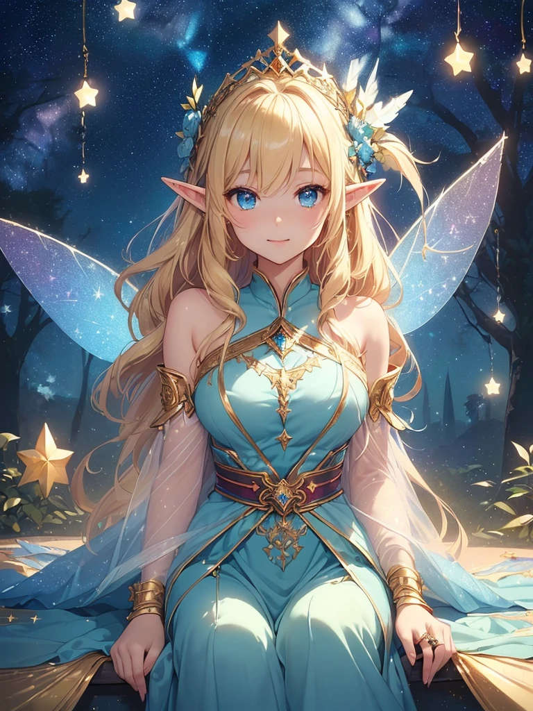 最high quality、Best image quality、masterpiece、The season is autumn、With a girl((20-year-old、Best Bust、Large bast、Bust 90,Beautiful Blue Eyes、,Blonde long hair、thin、Fairy Wings、In beautiful dresses of various colors、close、sit、Magic Harp、Gold ring on wrist、Beautiful tiara、high quality、Beautiful art、background((Starry Sky)))Tabletop、Visual Arts、Written boundary depth、Night Sky、、　、Low Angle、sexy、Elf Ears、Feathers glow in iridescent colors、The magic of light、In the beautiful forest、Big Tree Night、Flute melodies🎵、Fun Concerts、smile、Gentle light、Magic Palace