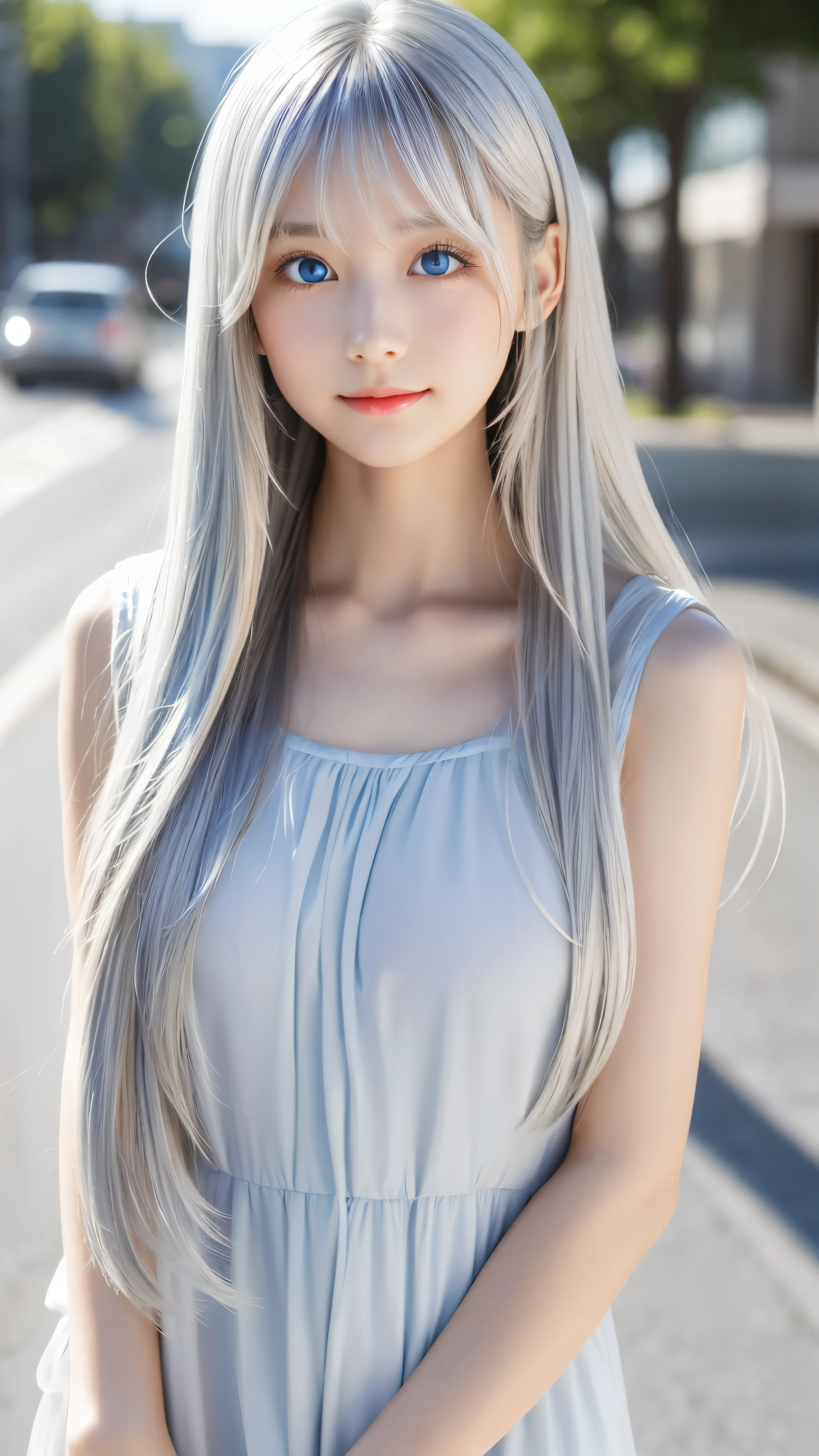 Shining, clear, white skin、Her windblown silver hair hides her beautiful face.、huge、28 years old cute sexy little beautiful face、Beautiful straight hair that stands out、growing up, Sparkling light blue eyes、long silky bangs that cover cute eyes, Sexy and cute young woman with super long hair hiding her sexy face、Shining silver hair