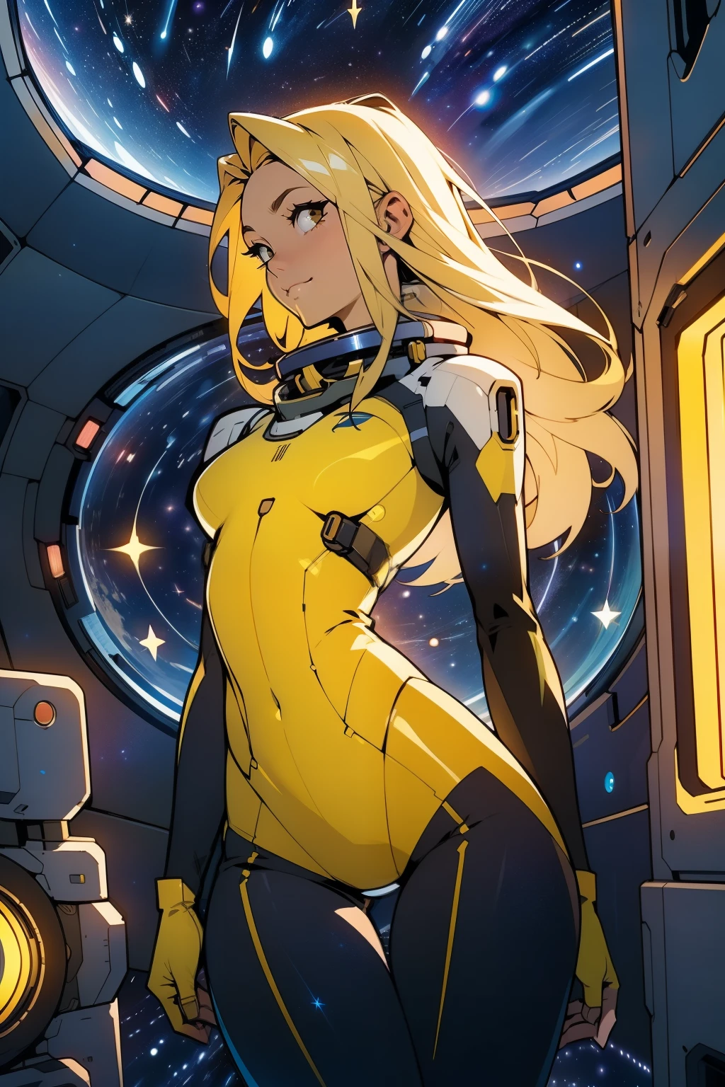 (masterpiece, best quality:1.2), (cowboy shot:1.1), solo, 1girl, mori yuki, slight smile, closed mouth, side view, looking at viewer, blonde hair, long hair, thigh gap, yellow bodysuit, skin-tight, perfect body, large window, (starship porthole:1.3), (spread legs:1.0), (standing:1.1), thigh gap, sensual pose, sideview, perfect hands, bright starship interior, (outer space view:1.1), (orbital view:1.3), (night, stary sky:1.5), milky way