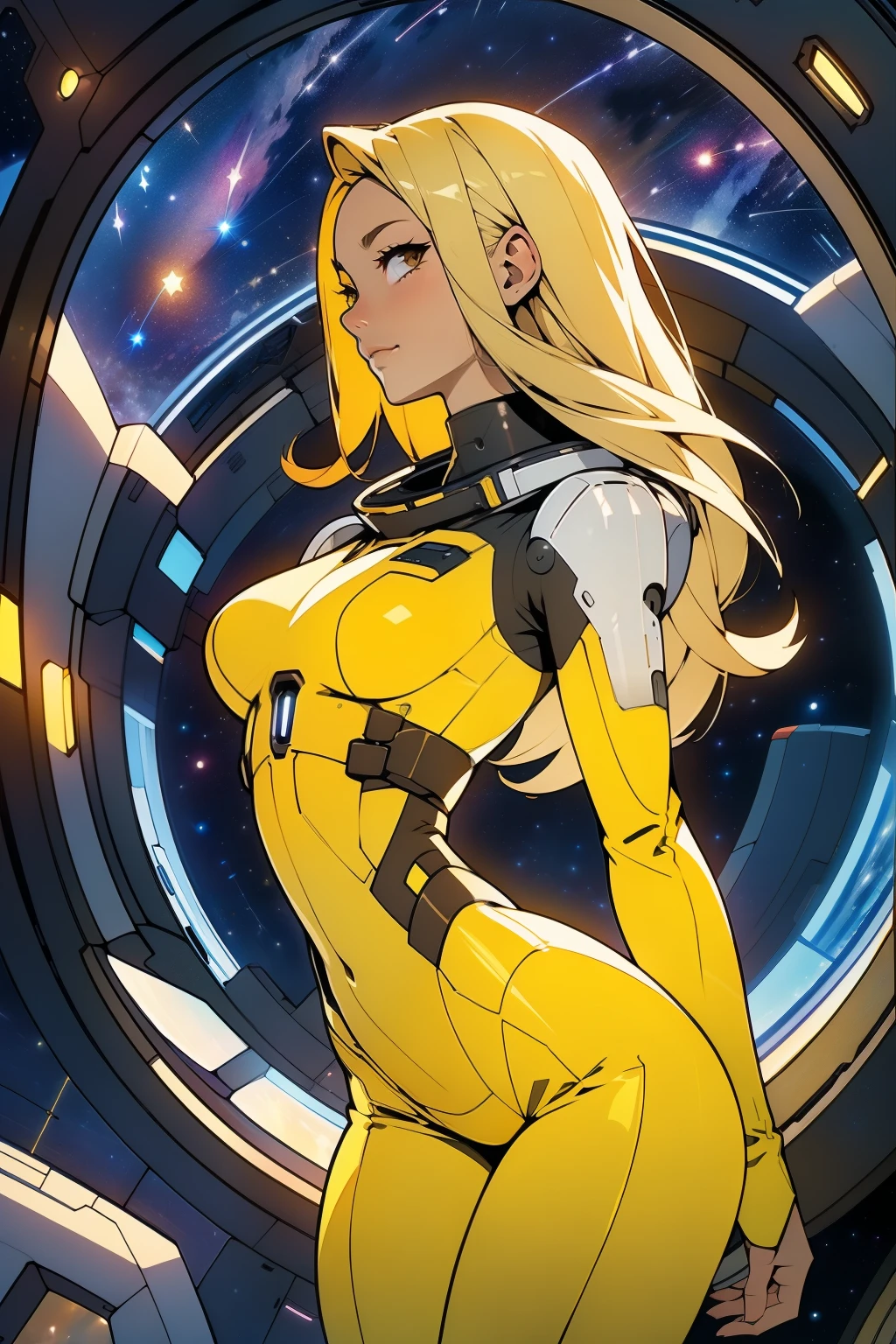 (masterpiece, best quality:1.2), (cowboy shot:1.1), solo, 1girl, mori yuki, slight smile, closed mouth, side view, looking at viewer, blonde hair, long hair, thigh gap, yellow bodysuit, skin-tight, perfect body, large window, (starship porthole:1.3), (spread legs:1.0), (standing:1.1), thigh gap, sensual pose, sideview, perfect hands, bright starship interior, (outer space view:1.1), (orbital view:1.3), (night, stary sky:1.5), milky way