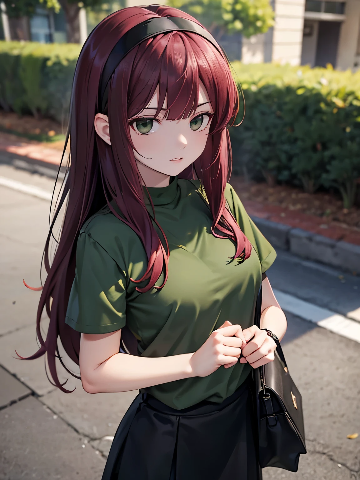 Burgundy hair, long hair, medium chest, black skirt, green shirt, black pants, light gray eyes, sharp eyes, bangs, black hairband, biridere, straight face, large chest, sharp irises, outside, day, hunter green shirt, tall, holding duffel bag, short sleeves