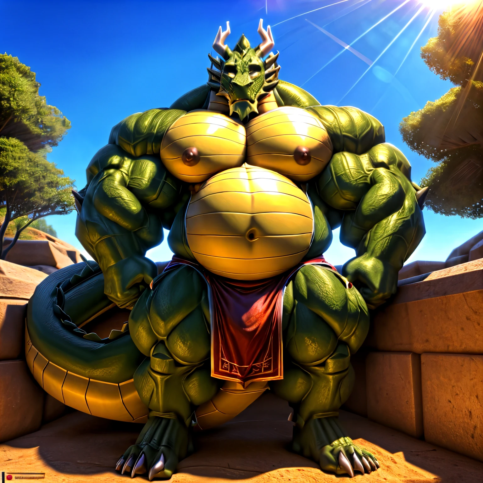 Shendu, male, Alone, muscular, well-built, prominent pectorals, big muscles, big male thighs, strong arms, male nipples, Dark green body color, Bright red eyes, naked, big penis, uncut penis, dragon tail, scales, hairless, claws, lying down with his legs stretched out in the air showing his anus, expression of effort by opening the mouth, dragon teeth, sexy, (por null ghost, by Darkgem, by Chunie), background of some ancient ruins
