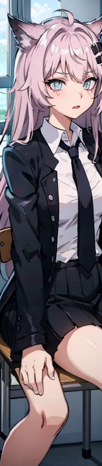 KyokoDG, 1girl, necktie, solo, jacket, shirt, looking at viewer, long sleeves, white shirt, collared shirt, sitting on chair, classroom, pink blood,