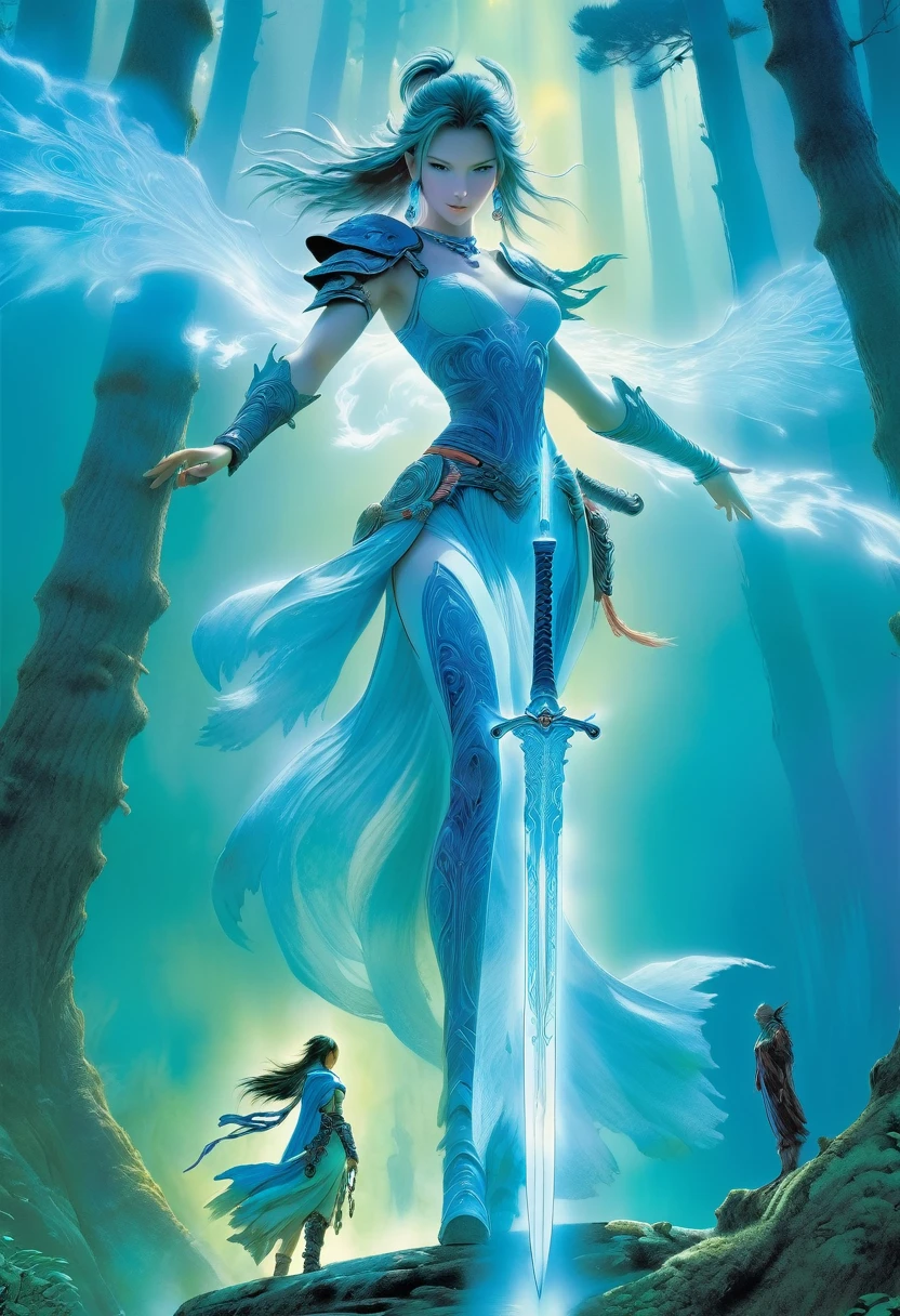 best quality,4k,8k,highres,masterpiece:1.2,ultra-detailed,realistic:1.37,(A spellblade wielding a translucent blue sword is accompanied by a guardian spirit. The sword hungers for souls as it glows with ethereal energy. The woman is protected by the guardian spirit, which emanates a comforting and powerful presence.), (The atmosphere is reminiscent of the mysterious and enchanting world of the Final Fantasy X game, with elements of JRPG and RPG.), (The scene is filled with vibrant colors, capturing the essence of the fantasy universe. The lighting casts a warm glow, highlighting the intricate details of the spellblade, and the guardian spirit.), (As the spellblade gracefully maneuvers her weapon, the kodama spirits watch from the surrounding forest, adding an extra layer of magical intrigue to the scene.),concept art inpired by Jean Giraud Moebius, The overall quality of the generated image is of the highest standard, with ultra-detailed visuals to bring this captivating composition to life. The artwork is reminiscent of a masterpiece, exhibiting the finest craftsmanship in the medium of digital illustration., Yoshitaka Amano style