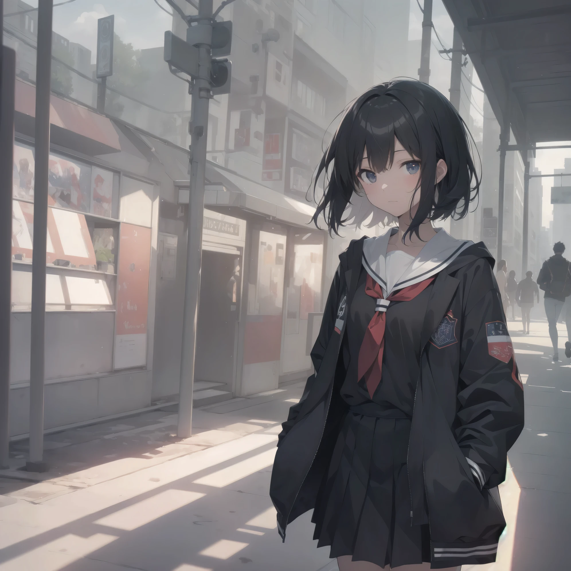 ultra-absurdres-Top quality by artist God, ultra-detailed, high resolution, anime moe artstyle, best anime 8k konachan wallpaper, pixiv contest winner,pool:2810, perfect anatomy,break, 1girl, (Please draw a girl walking sleepily to school alone. )break,(Solo,little female, -yeld:1.Full limbs, complete fingers,a junior hishort hair), short cut, flat chest, , small butt, small black eyes, beautiful detailed eyes, well-proportioned iris and pupils, expressive eyes, highres detailed hair, soft expression, school_uniform, official_alternate_costume, neckerchief, collared shirt. pleated skirt,(Detailed Lighting), (Detailed background), in the School commute route. break,super detailed skin, Best cinematic lighting powered by famous artist, 8k,beauty illustration,photoshop_(medium),very aesthetic,break,((artist:modare )), artist:bolze ,artist:oyari_ashito ,artist:kantoku ,
