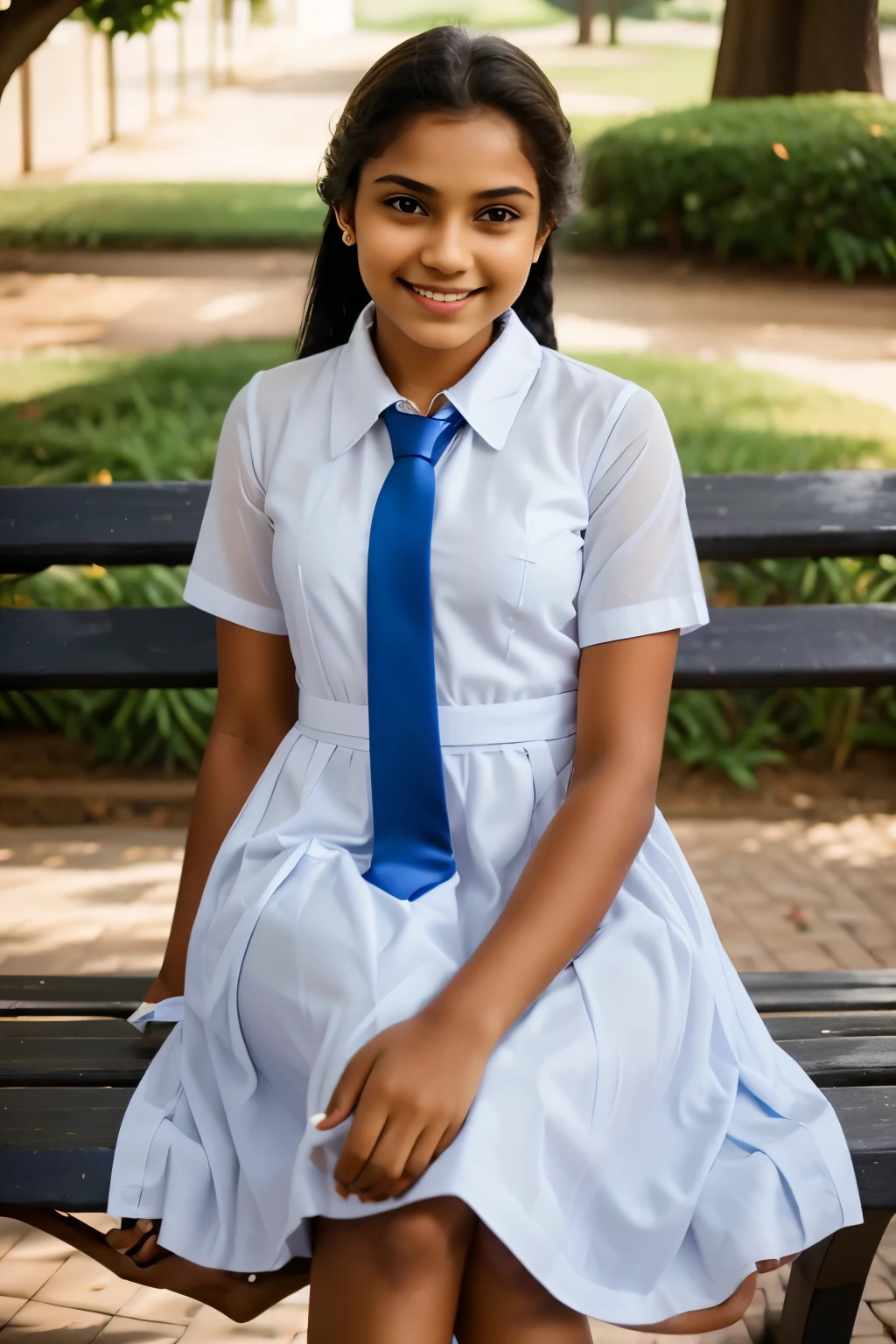A beautiful age wearing a white frock and a blue tie sitting on a bench holding a book from both of her hands looking with a nice smile. Attractive feminine form. DSLR quality realistic image. background bokeh.