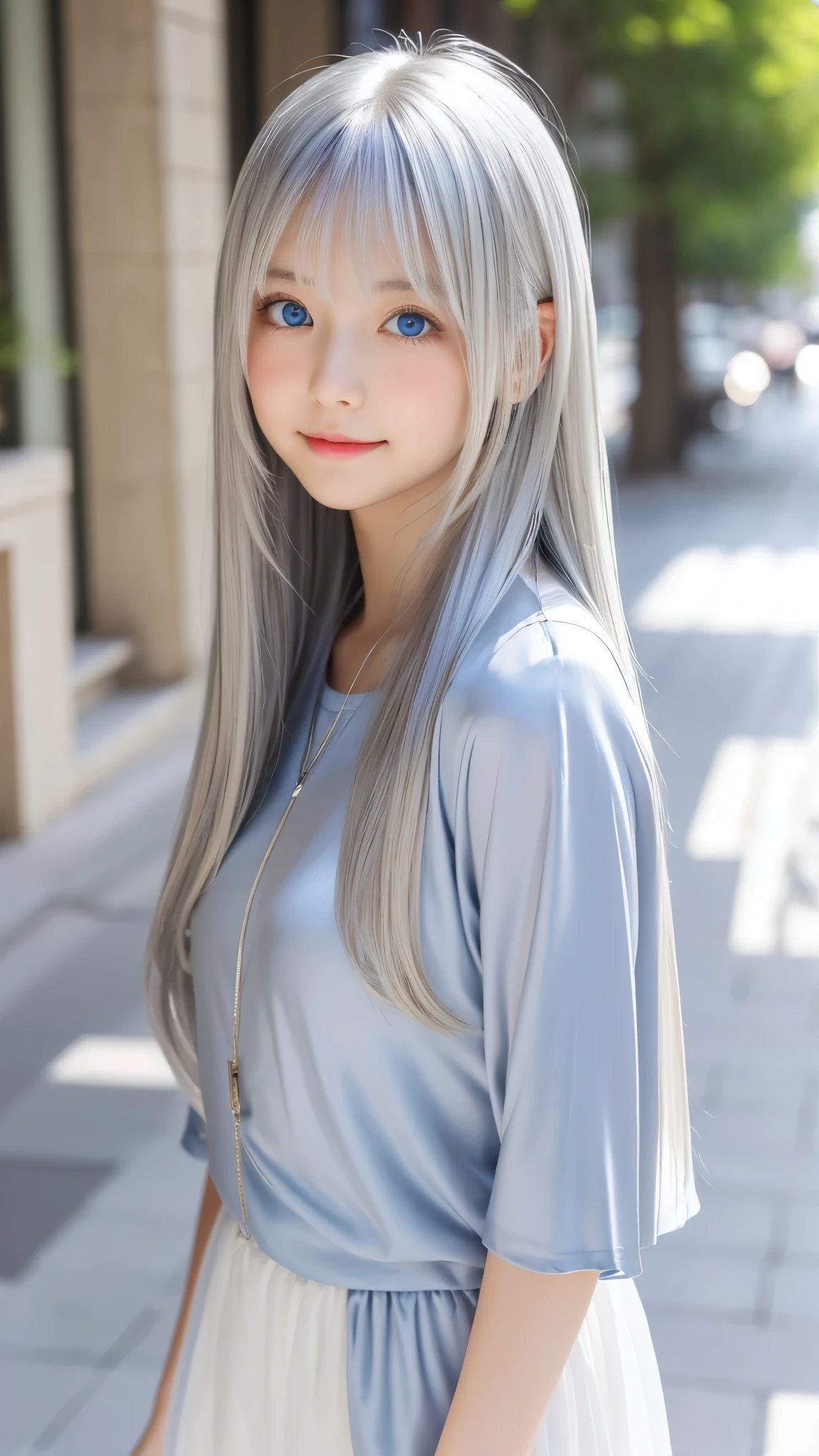 Shining, clear, white skin、Her windblown silver hair hides her beautiful face.、huge、28 years old cute sexy little beautiful face、Beautiful straight hair that stands out、growing up, Sparkling light blue eyes、long silky bangs that cover cute eyes, Sexy and cute young woman with super long hair hiding her sexy face、Shining silver hair