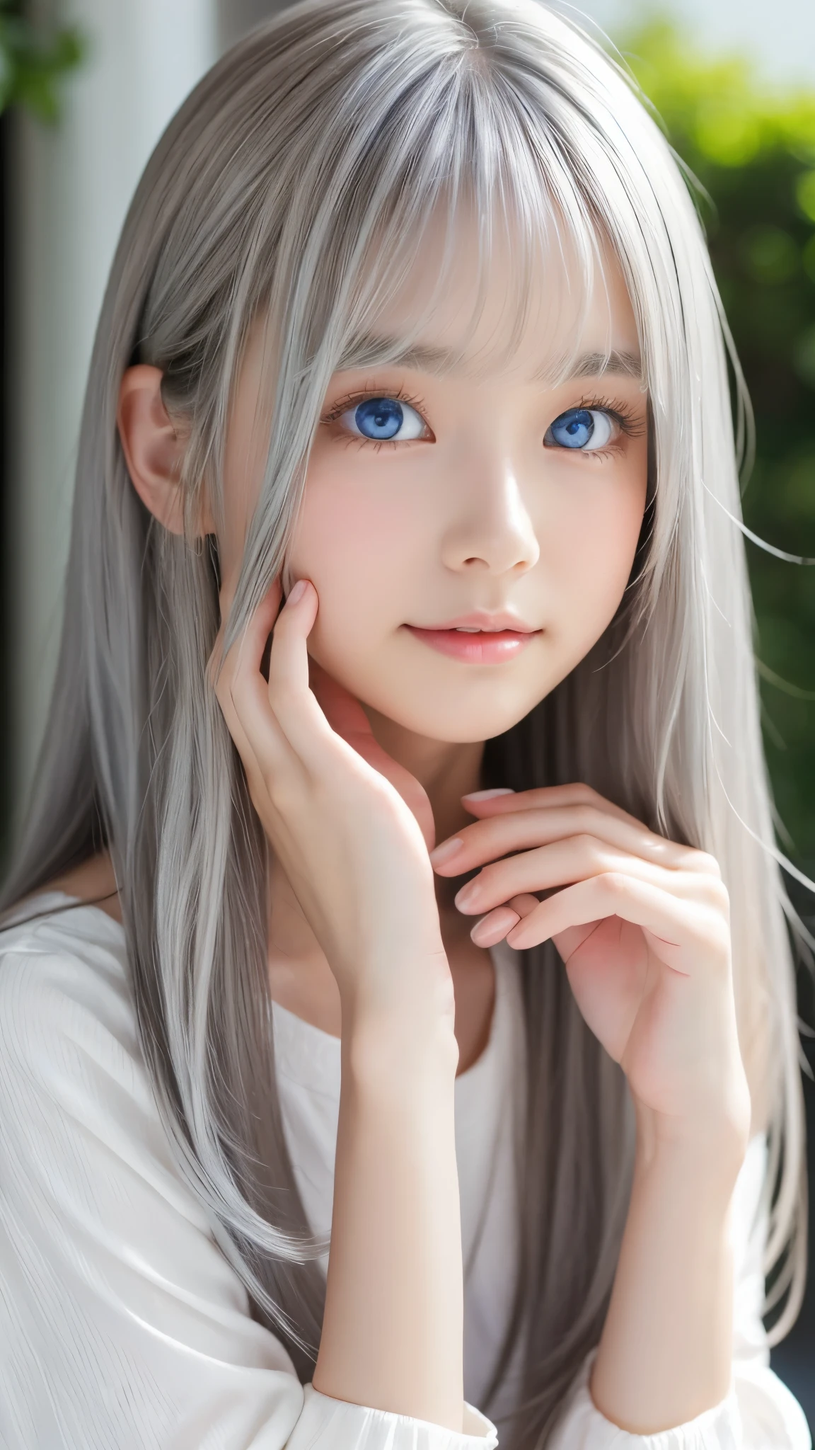 Shining, clear, white skin、Her windblown silver hair hides her beautiful face.、huge、28 years old cute sexy little beautiful face、Beautiful straight hair that stands out、growing up, Sparkling light blue eyes、long silky bangs that cover cute eyes, Sexy and cute young woman with super long hair hiding her sexy face、Shining silver hair
