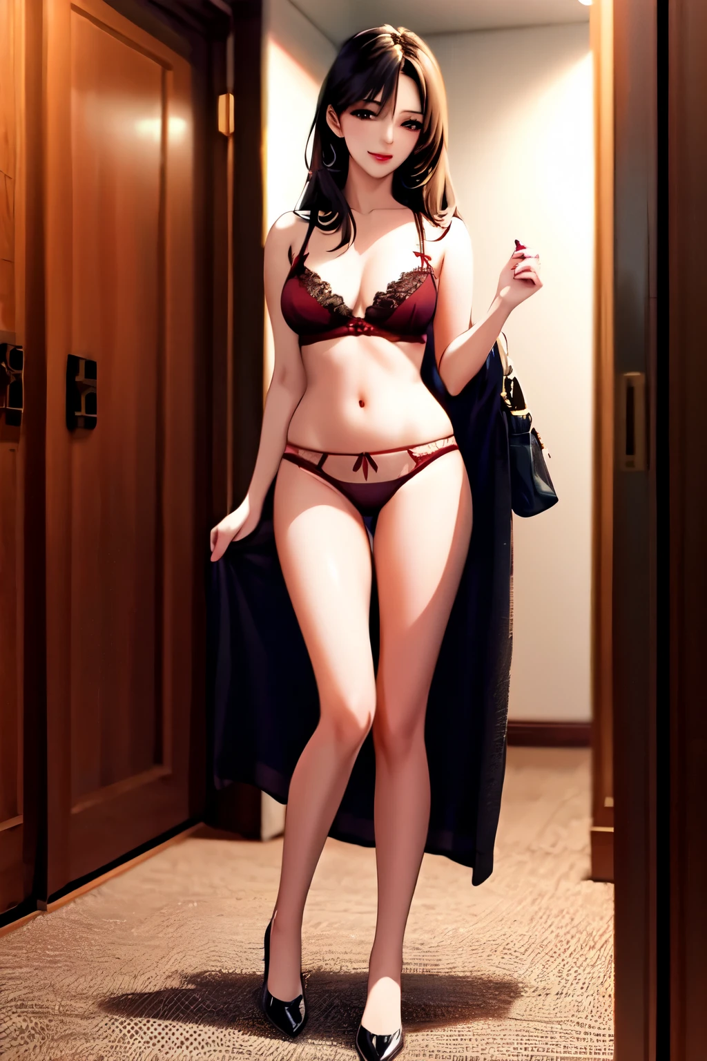 a woman in red underwear, sexy girl, sexy look, with long hair, she is standing, facing the camera, attractive face and body standing, leaked image, she is about 2 0 years old, very beautiful cute girl, full body frame