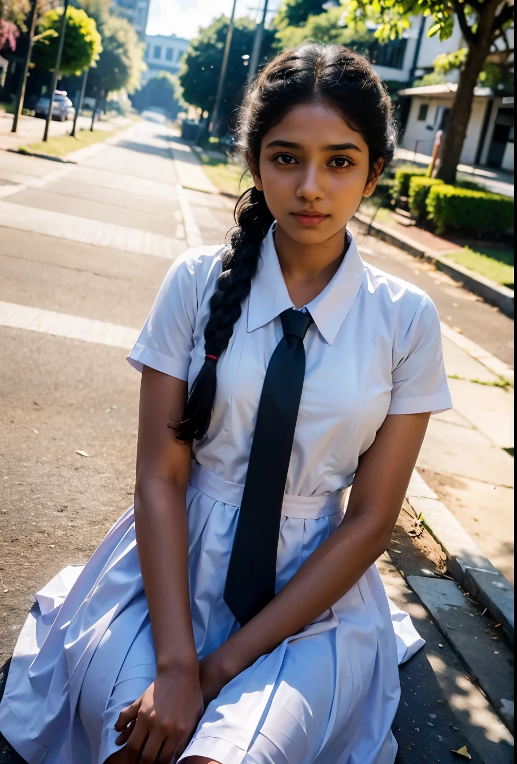 Raw photo , 1 girl  ,Wearing white frock and color tie, white shoes ,sri lanka teen school girl, with plait , professional photographer, (hdr:1.4), masterpiece, ultra-realistic 8k, perfect artwork, intrincate details, cute face, award winning photograph, (Best quality, 8k, 32k, Masterpiece, UHD:1.3) ,