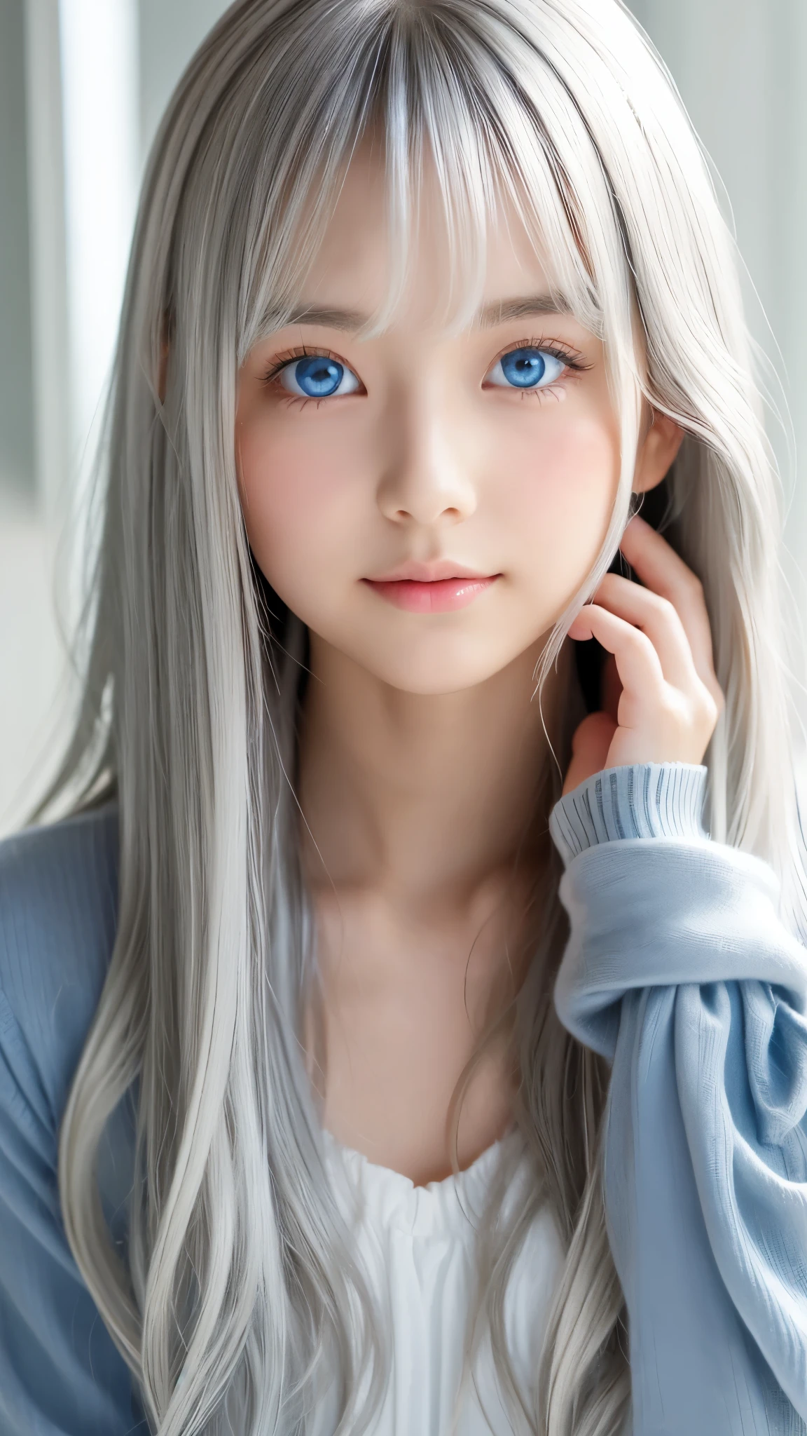 Shining, clear, white skin、Her windblown silver hair hides her beautiful face.、huge、28 years old cute sexy little beautiful face、Beautiful straight hair that stands out、growing up, Sparkling light blue eyes、long silky bangs that cover cute eyes, Sexy and cute young woman with super long hair hiding her sexy face、Shining silver hair
