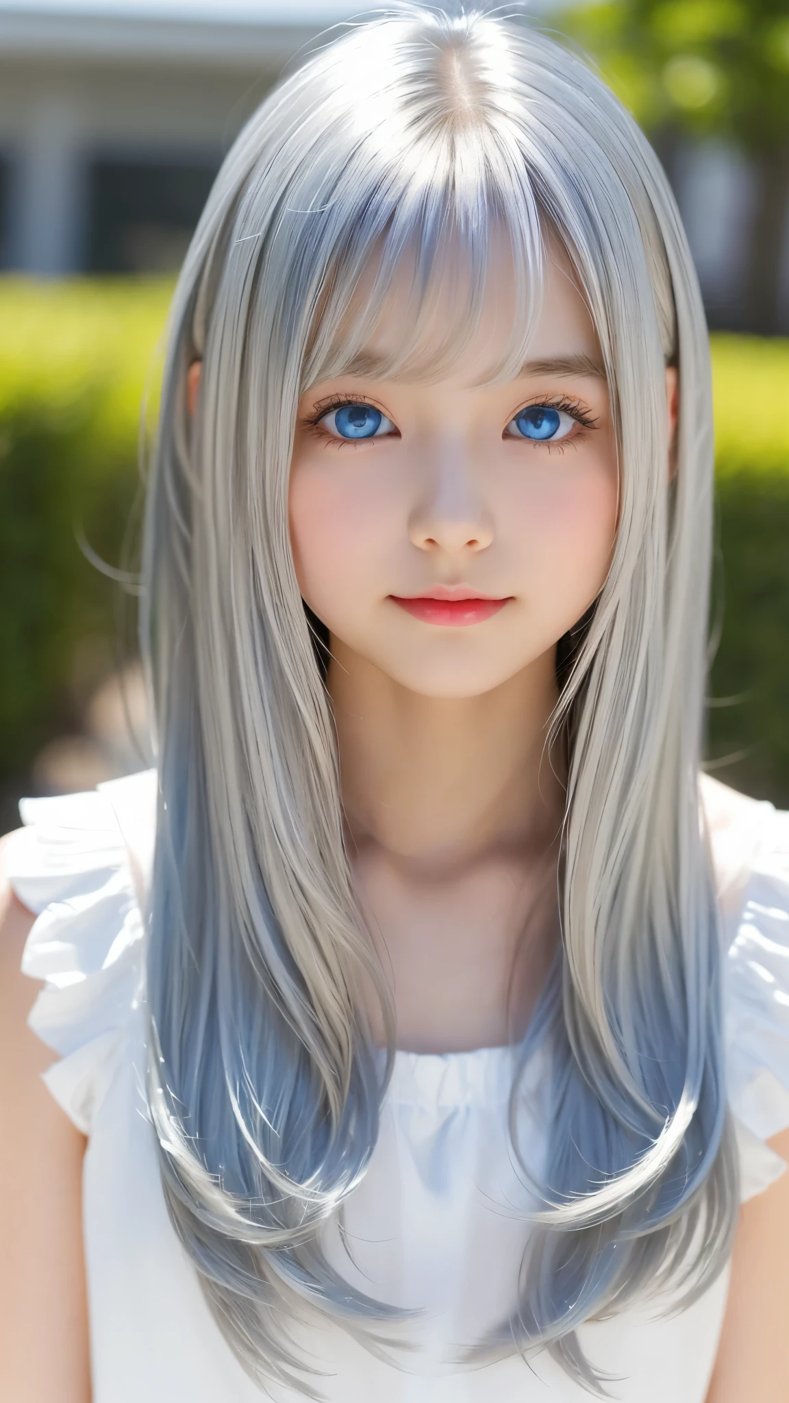Shining, clear, white skin、Her windblown silver hair hides her beautiful face.、huge、28 years old cute  little beautiful face、Beautiful straight hair that stands out、growing up, Sparkling light blue eyes、long silky bangs that cover cute eyes,  and cute young woman with super long hair hiding her  face、Shining silver hair