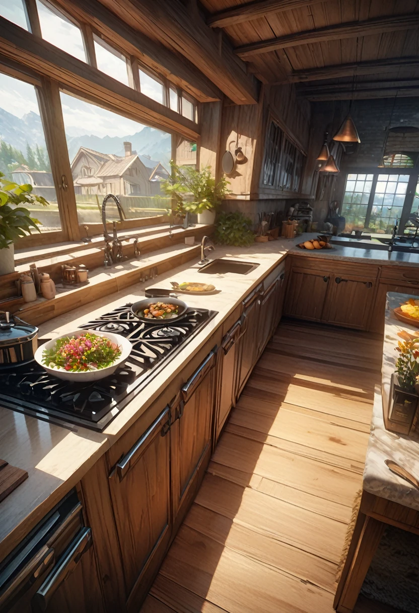 Ultra-Real 8K, Super detailed, ((no man)), (Hyper Detail, Dynamic Camera), (Wide-angle), (Vivid colors and saturation), (Trending on Artstation),anime style, kitchen,indoor, Western style, Luxury House