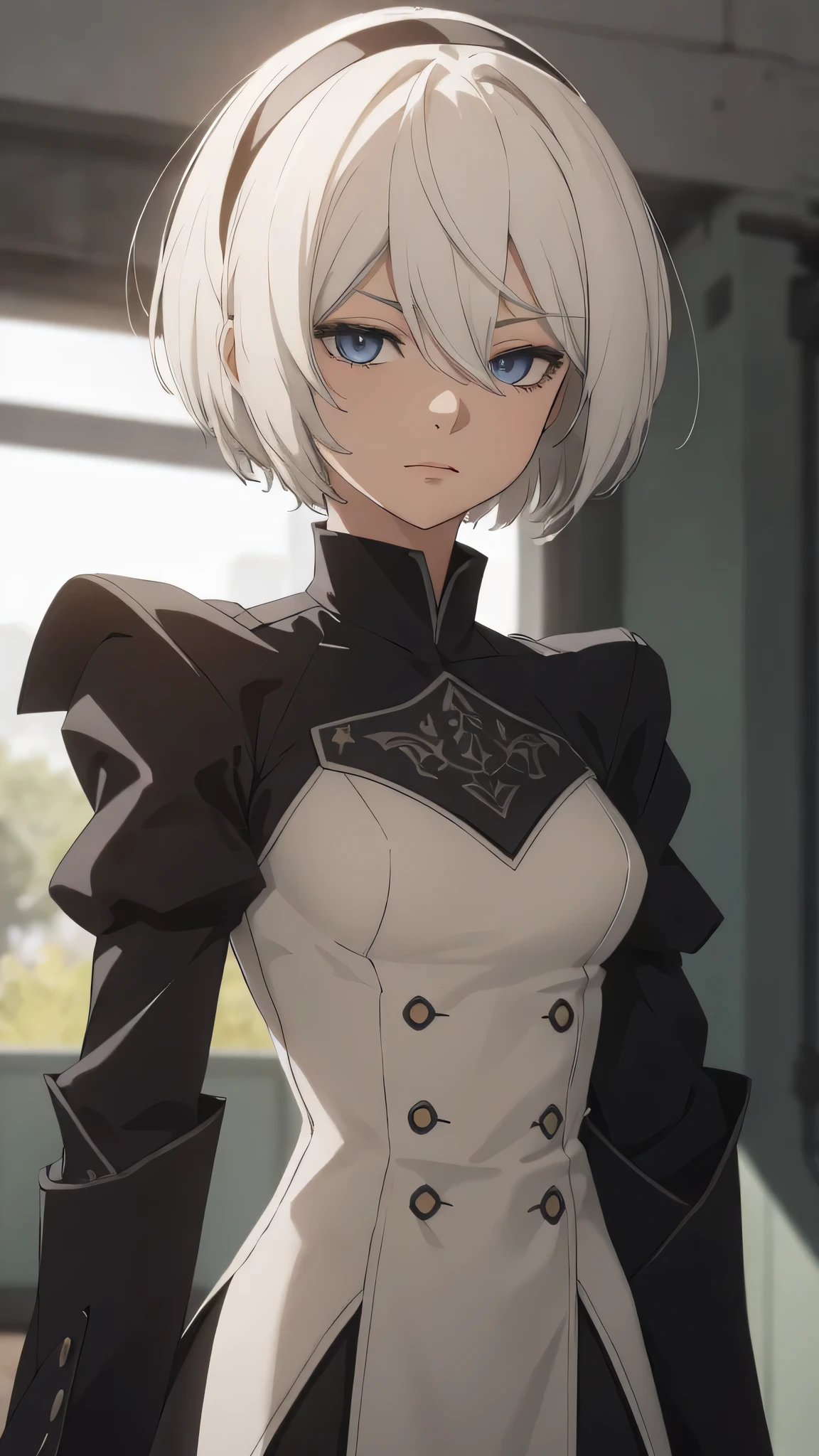 extremely detailed CG unity 8k wallpaper), (masterpiece), (best quality), (ultra-detailed), (best illustration), (best shadow), (absurdres) ,(detailed eyes), 2b, 1girl, short hair, white hair, solo, Intimidating women, admiral uniform, night, hero pose, white clothes, General Uniform, Military Uniform, Sunlight, exposed to sunlight,commander, fighting pose, wearing cape, talking with someone