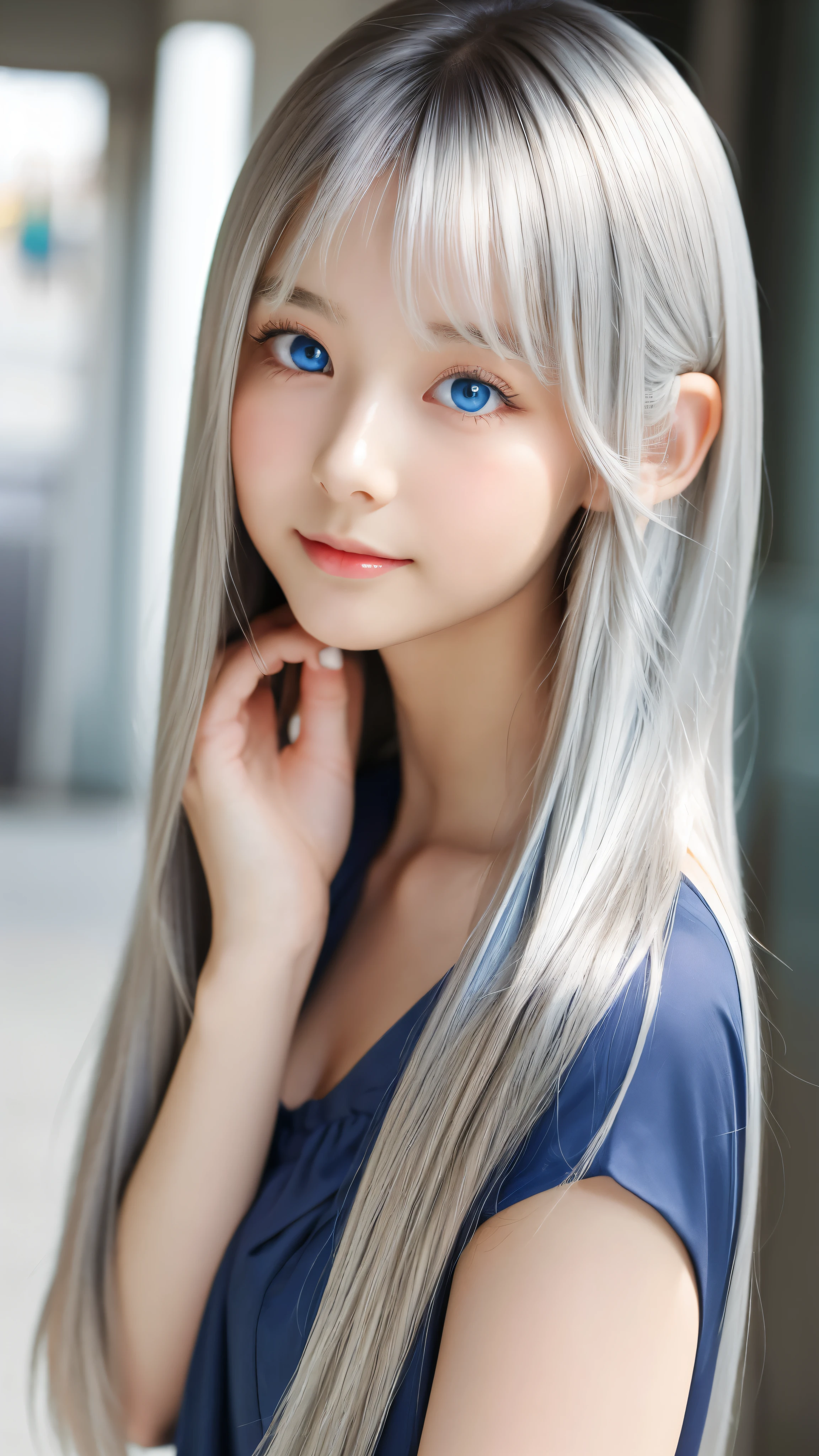 Shining, clear, white skin、Her windblown silver hair hides her beautiful face.、huge、28 years old cute sexy little beautiful face、Beautiful straight hair that stands out、growing up, Sparkling light blue eyes、long silky bangs that cover cute eyes, Sexy and cute young woman with super long hair hiding her sexy face、Shining silver hair