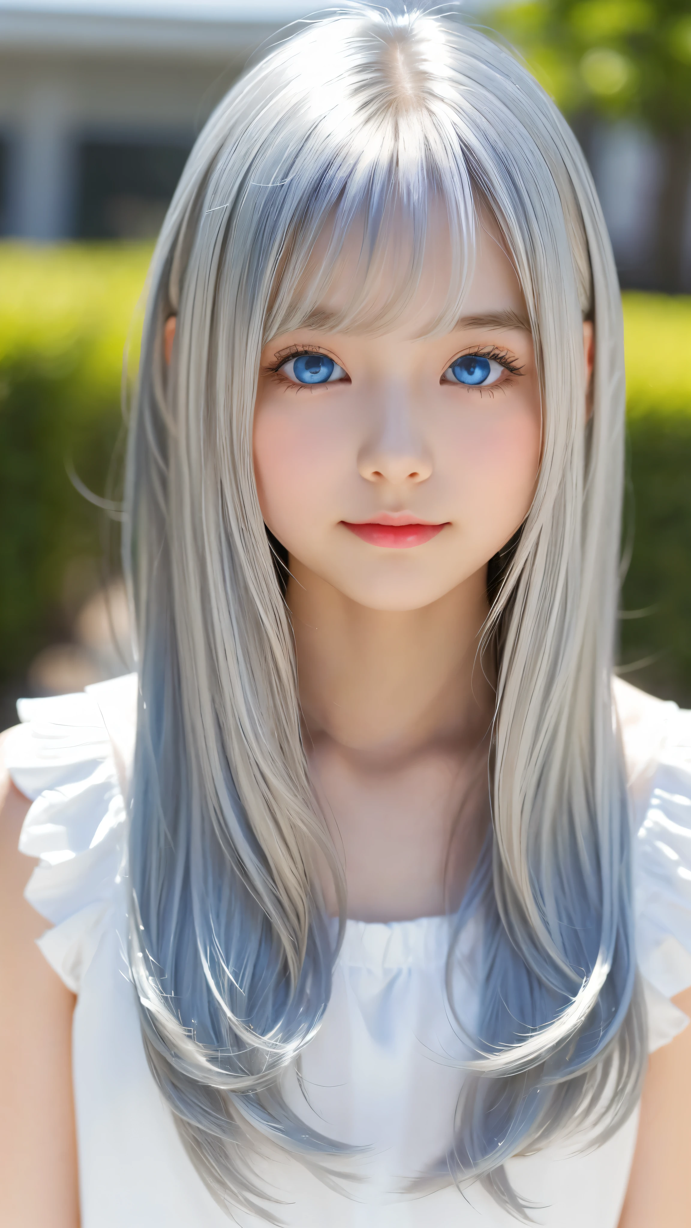 Shining, clear, white skin、Her windblown silver hair hides her beautiful face.、huge、28 years old cute sexy little beautiful face、Beautiful straight hair that stands out、growing up, Sparkling light blue eyes、long silky bangs that cover cute eyes, Sexy and cute young woman with super long hair hiding her sexy face、Shining silver hair