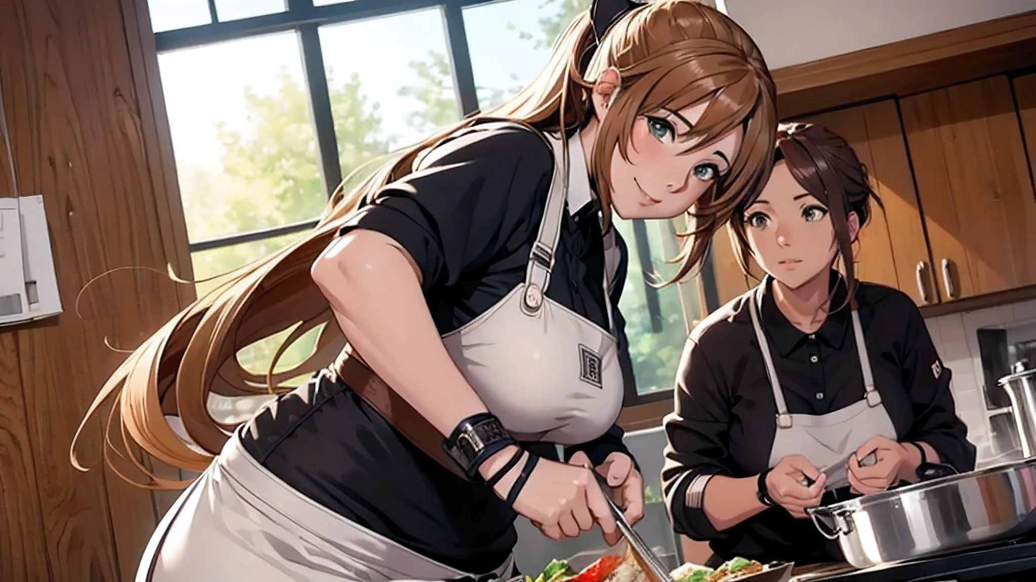 personaje anime style, A confident, curvy woman with a captivating smile, ((manos finas y detalladas)), mostrando su figura y una cintura bien definida, culata, vista trasera, en una encantadora escena de cocina, where she exudes the role of a skilled and stylish housewife, wearing a beautifully designed apron, Preparando perfectamente una deliciosa cena para impresionar a todos.