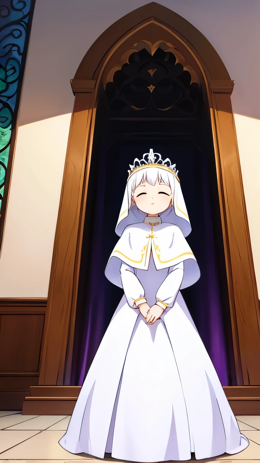 saint,Sister,Adult women,White long-sleeved dress,Wearing a veil,tiara,Eyes closed,White Short Hair,Standing with arms folded in front of one another,Uses healing magic,Final Boss