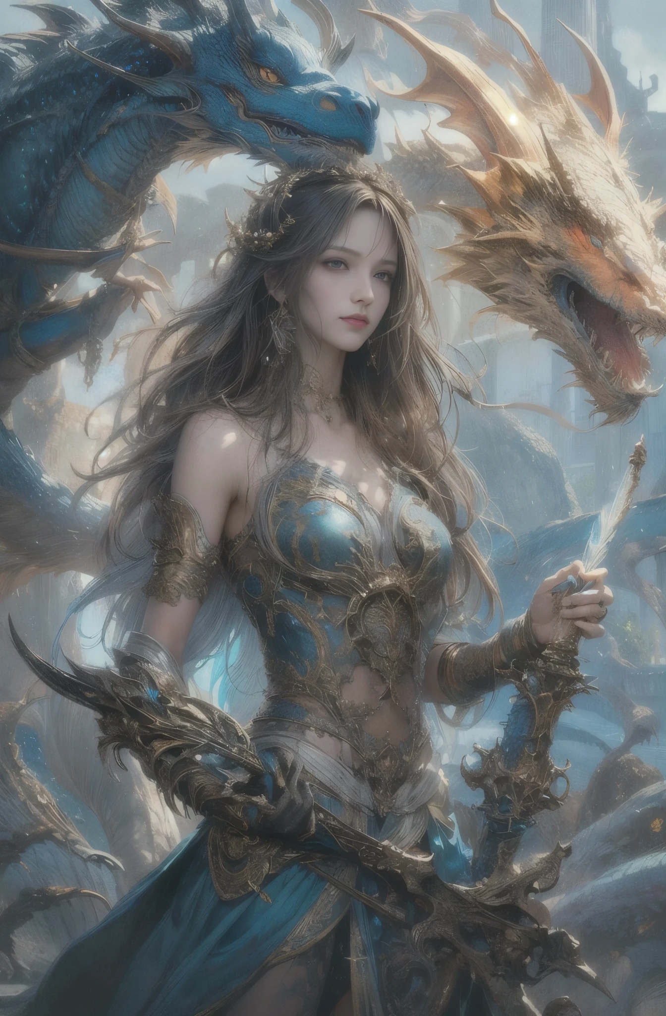 槍を持った美しきfemale dragon knight, A beautiful woman with a dragon, God&#39;s Kin, Detailed fantasy art, Fantasy art style, Fantasy style art, highly Detailed fantasy art, detailed Digital 2D Fantasy Art, fantasy artist, epic Fantasy art style hd, High quality fantasy art, Detailed fantasy illustrations, fantasy book illustration, Digital 2D Fantasy Art, Fantasy Art Illustration, 4k fantasy art, author：Jean Jay., Fantasy art style, 2. 5D CGI Anime Fantasy Artwork, epic Fantasy art style hd, Epic fantasy digital art style, Detailed fantasy art, 詳細なDigital 2D Fantasy Art, Luan Jia and Artgerm, 8k fantasy art, female dragon knight, Sharp contours, very fine and beautiful eyes, Blue eyes without pupils, Beautiful Blue Eyes, pretty much beautiful face, Also々exterior, Valhalla, Unparalleled beauty, masterpiece, highest quality, The perfect angle, Perfect composition, Best Shot, Official Art, Cinematic light, Very beautiful and fantastic scenery, chivalry dream, Presence, Michael Letter, Christoph Huge 、Ultra-precision coating, Luminism, art by Carne Griffiths and What a bone Concept Art, 4K resolution, Fractal isometric detailed bioluminescence , 3D Rendering, Octane Rendering, Exquisitely crafted , Cinematic, Art Station&#39;trendy, Isometric Center, Surreal cover photo, Amazing full color, Handwriting, Hit definition , Cinematic,Great background, Abstract Beauty,stand, Approaching perfection, Pure Form, Golden Ratio, Minimal, Concept Art, By Brian Froud、Karn Griffiths、What a bone、John William Waterhouse, Intricate details, 8K Post-Production, High resolution, Hyper Detail, Art Stationのトレンド, Studio shot, Intricate details, Very detailed, Greg Rutkowski, Encounter with an Ancient Dragon, Close-up